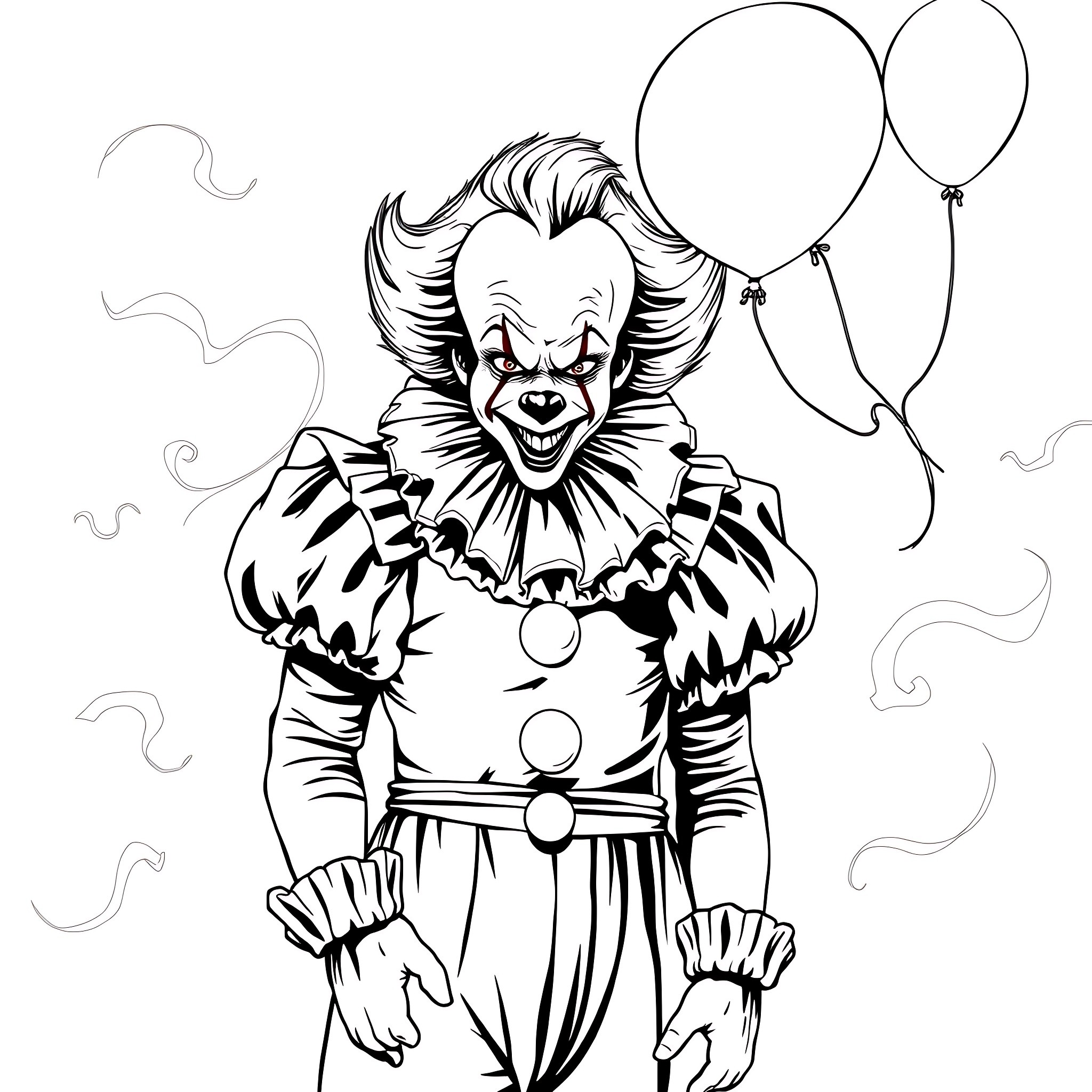 Pennywise the Clown's Sinister Smile and Balloons Coloring Page (free black-and-white line drawing printable PDF for all, from beginners to advanced learners, including children, teens, adults, and seniors)