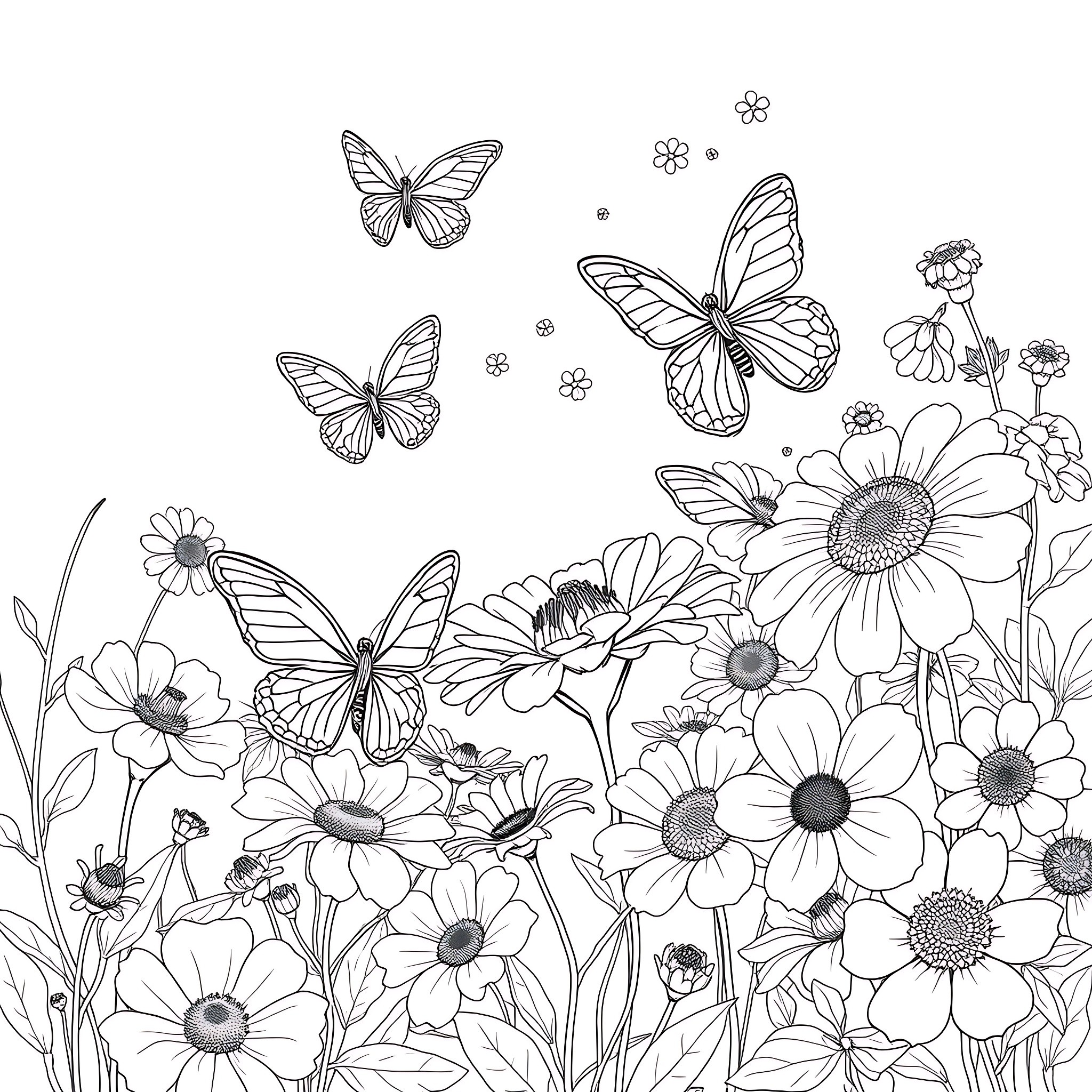 Butterflies frolicking among vibrant wildflowers Coloring Page (free black-and-white line drawing printable PDF for all, from beginners to advanced learners, including children, teens, adults, and seniors)