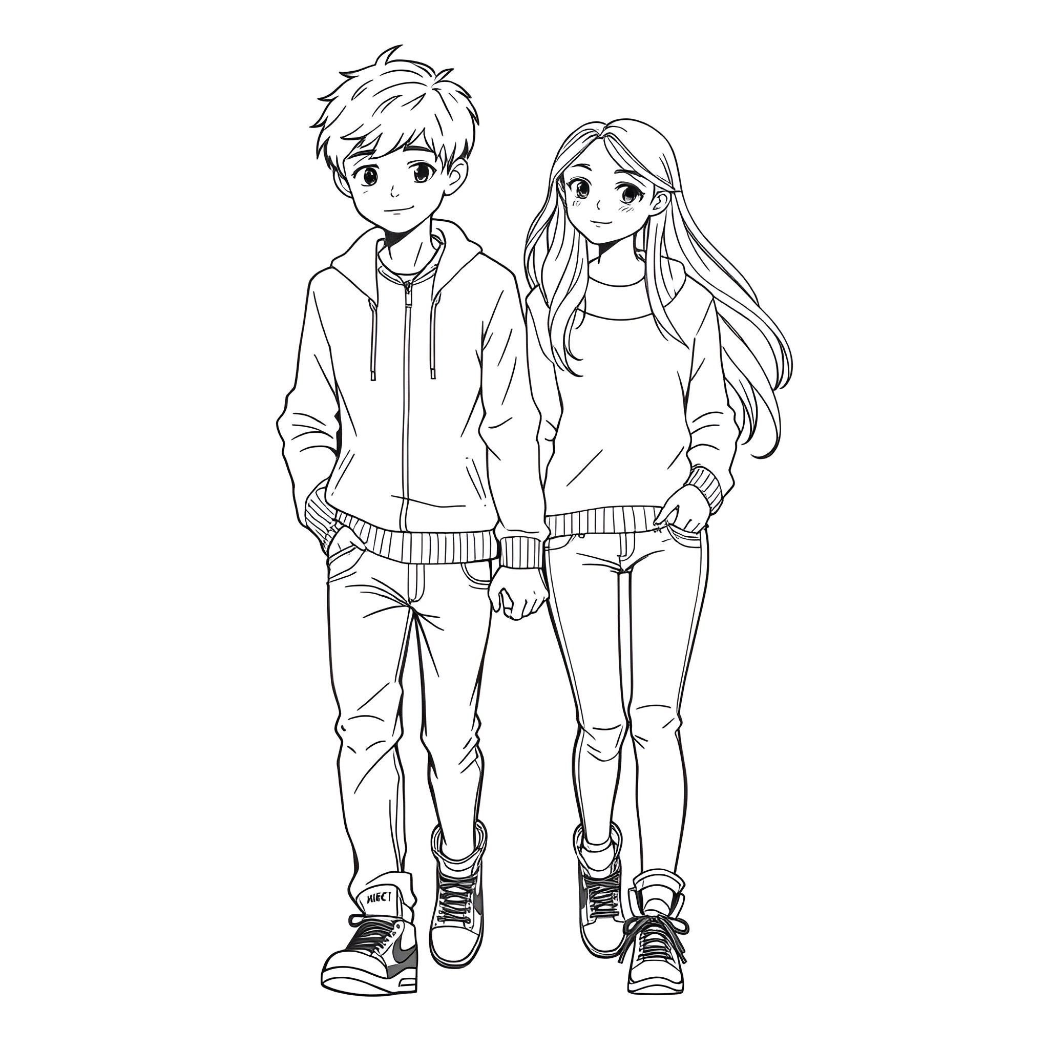 Boy and girl in casual outfits standing together Coloring Page (free black-and-white line drawing printable PDF for all, from beginners to advanced learners, including children, teens, adults, and seniors)