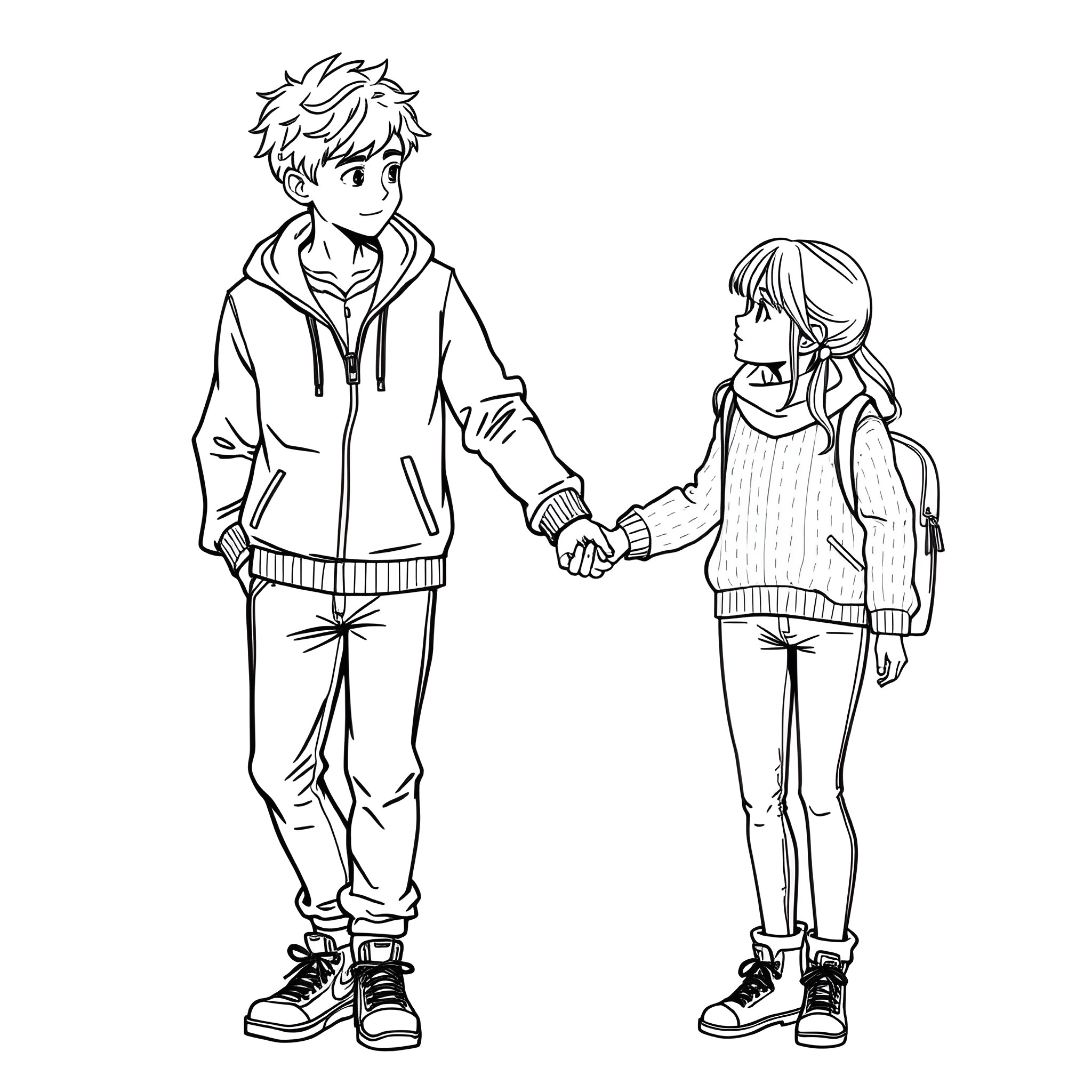 Boy and girl walking together in casual outfits Coloring Page (free black-and-white line drawing printable PDF for all, from beginners to advanced learners, including children, teens, adults, and seniors)