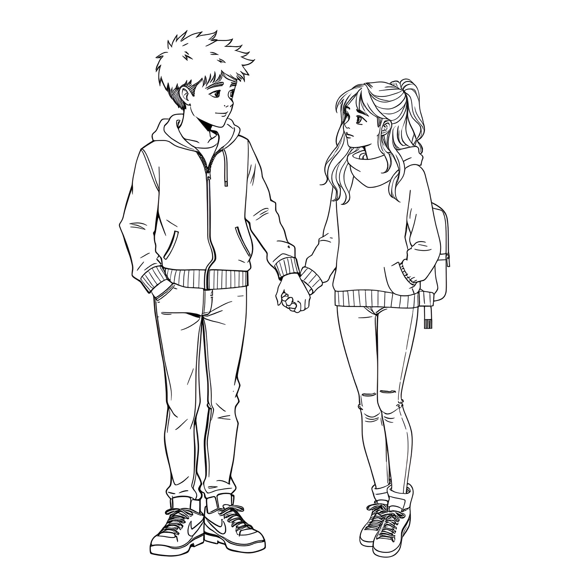 Boy and girl walking hand-in-hand in casual outfits Coloring Page (free black-and-white line drawing printable PDF for all, from beginners to advanced learners, including children, teens, adults, and seniors)