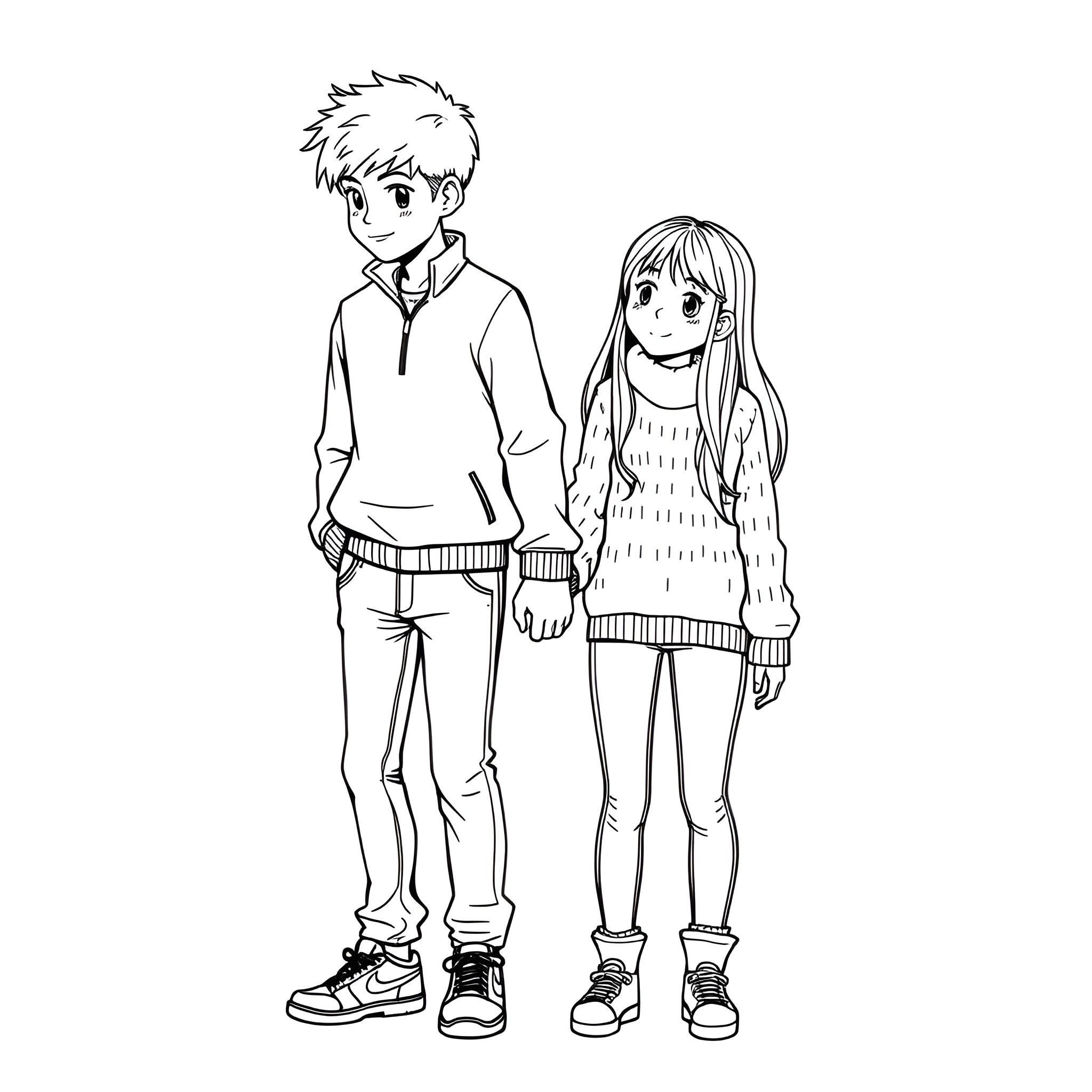 Boy and girl standing together happily Coloring Page (free black-and-white line drawing printable PDF for all, from beginners to advanced learners, including children, teens, adults, and seniors)