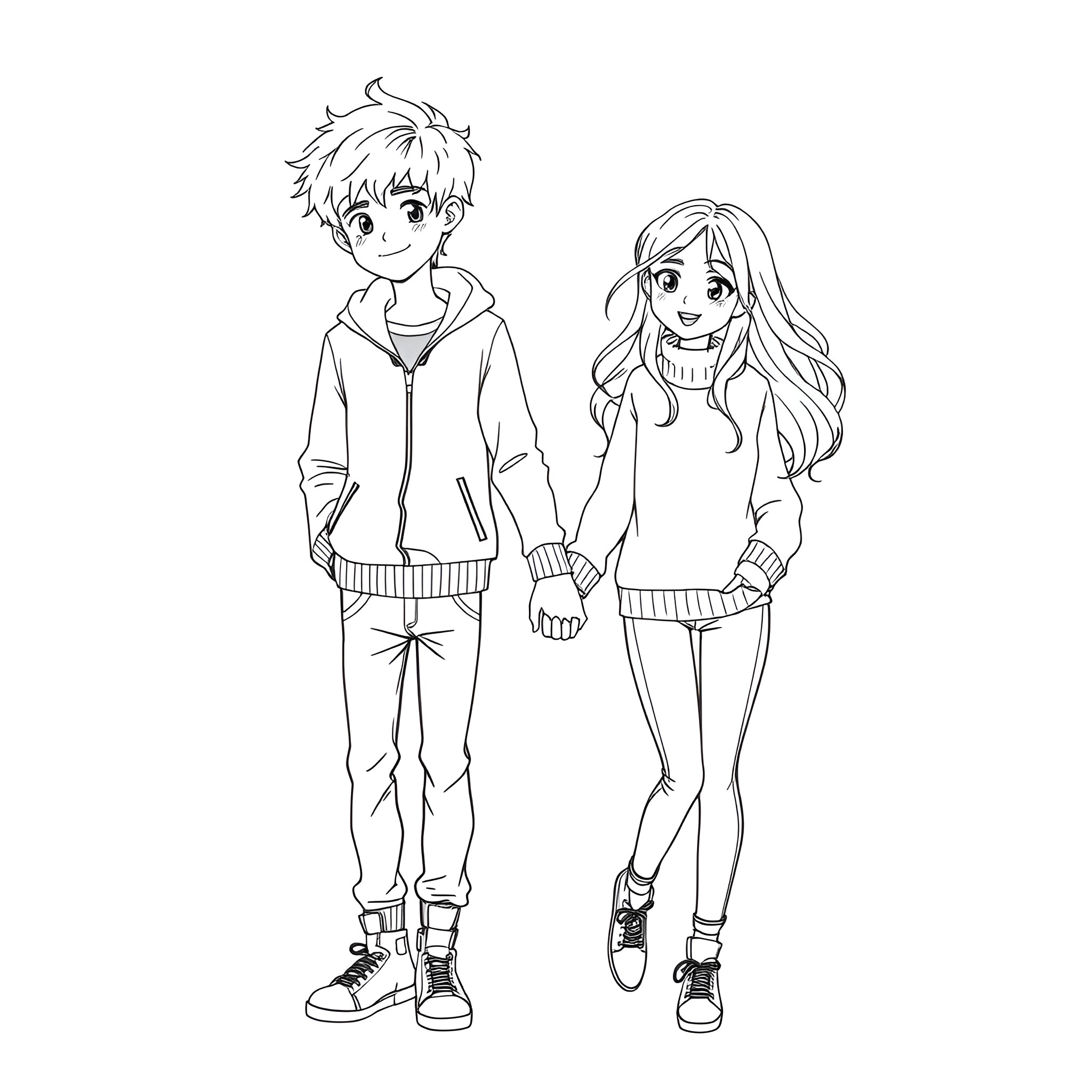 Boy and girl enjoying a casual stroll together Coloring Page (free black-and-white line drawing printable PDF for all, from beginners to advanced learners, including children, teens, adults, and seniors)