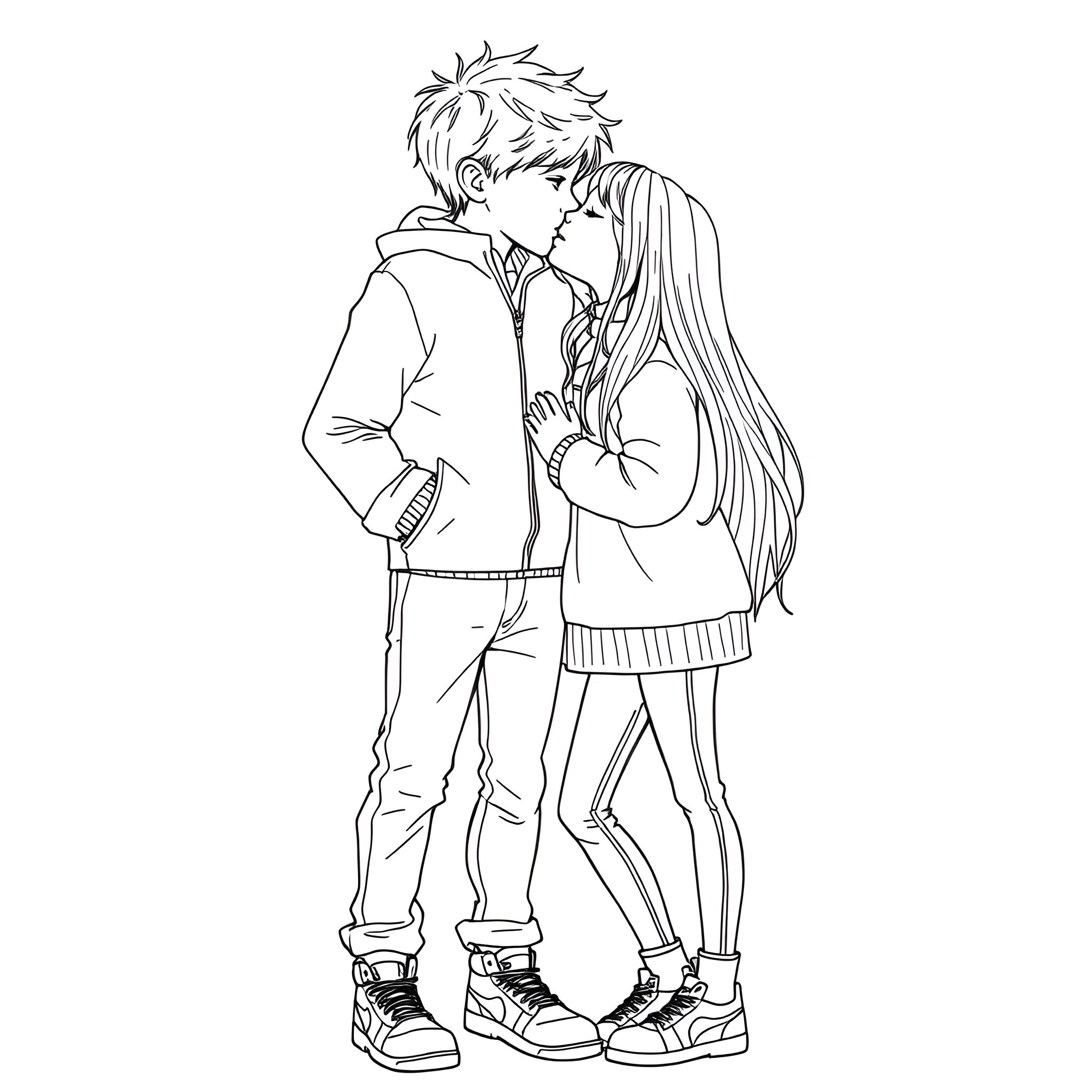 Boy and Girl Sharing a Tender Moment Coloring Page (free black-and-white line drawing printable PDF for all, from beginners to advanced learners, including children, teens, adults, and seniors)
