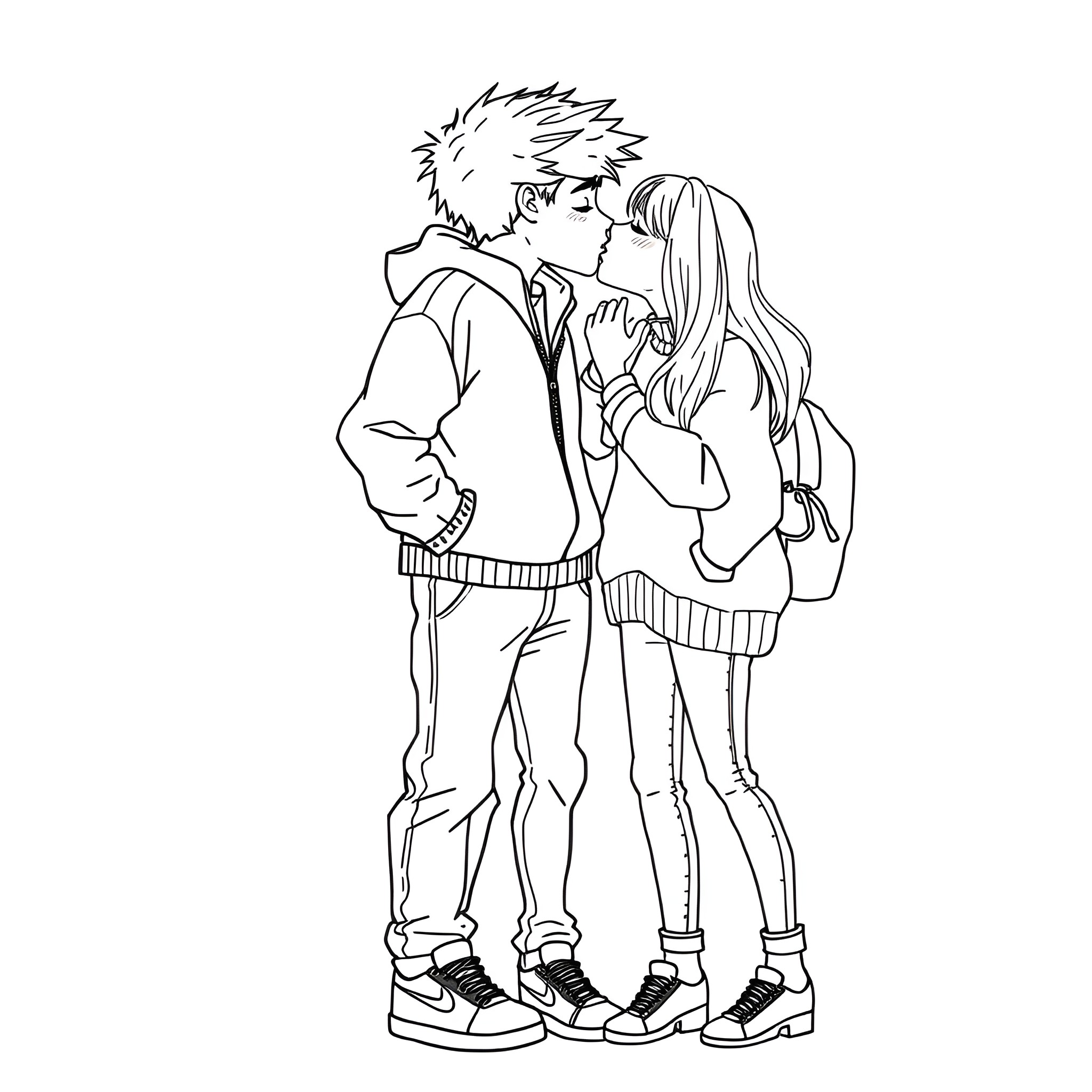 Boy and Girl Sharing a Tender Moment Coloring Page (free black-and-white line drawing printable PDF for all, from beginners to advanced learners, including children, teens, adults, and seniors)