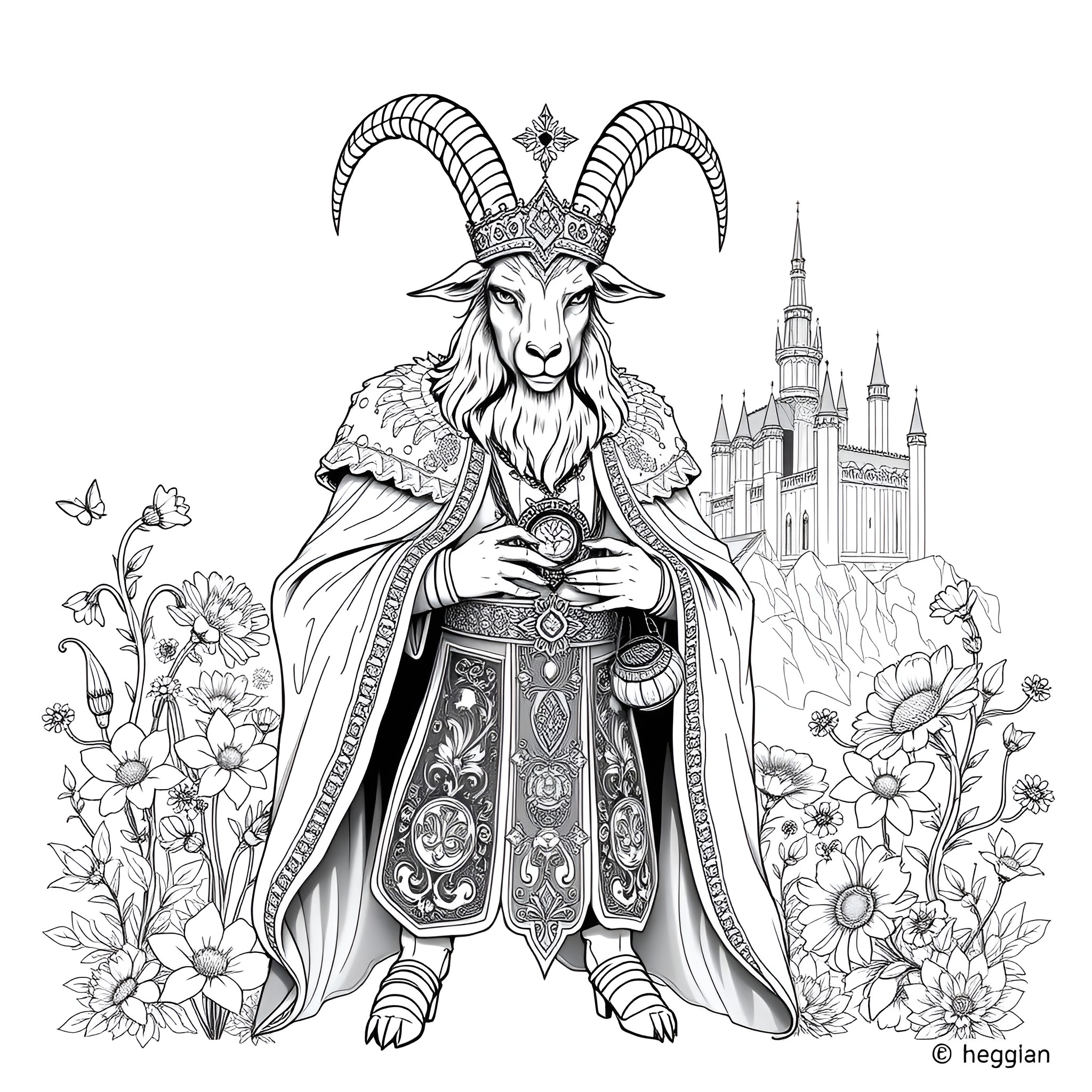 Asgore, the Majestic Goat King in an Ornate Ceremonial Outfit Coloring Page (free black-and-white line drawing printable PDF for all, from beginners to advanced learners, including children, teens, adults, and seniors)