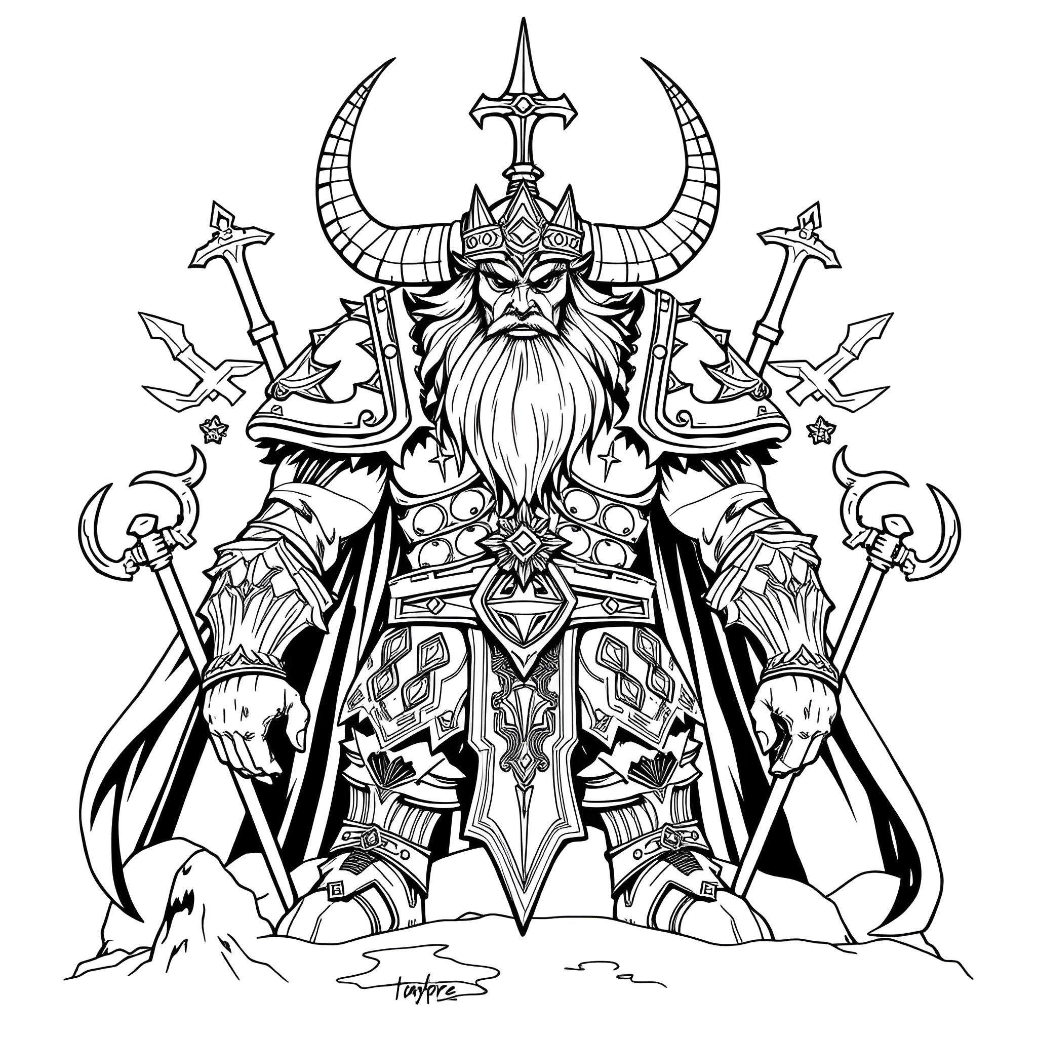 Asgore, the Fearsome Warrior King Coloring Page (free black-and-white line drawing printable PDF for all, from beginners to advanced learners, including children, teens, adults, and seniors)