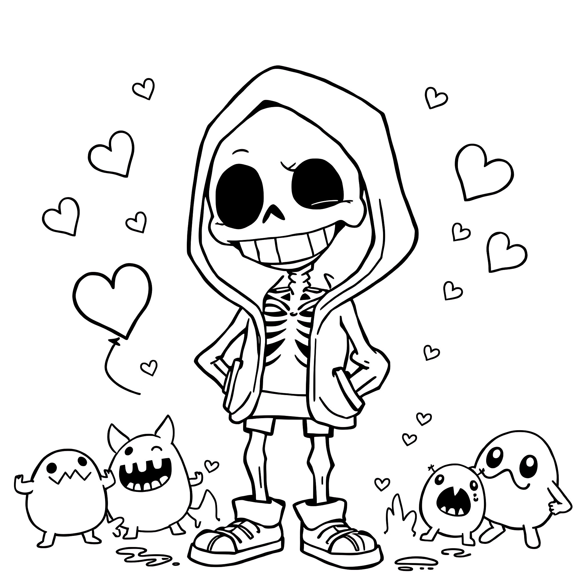 Sans skeleton character with friendly monster companions Coloring Page (free black-and-white line drawing printable PDF for all, from beginners to advanced learners, including children, teens, adults, and seniors)