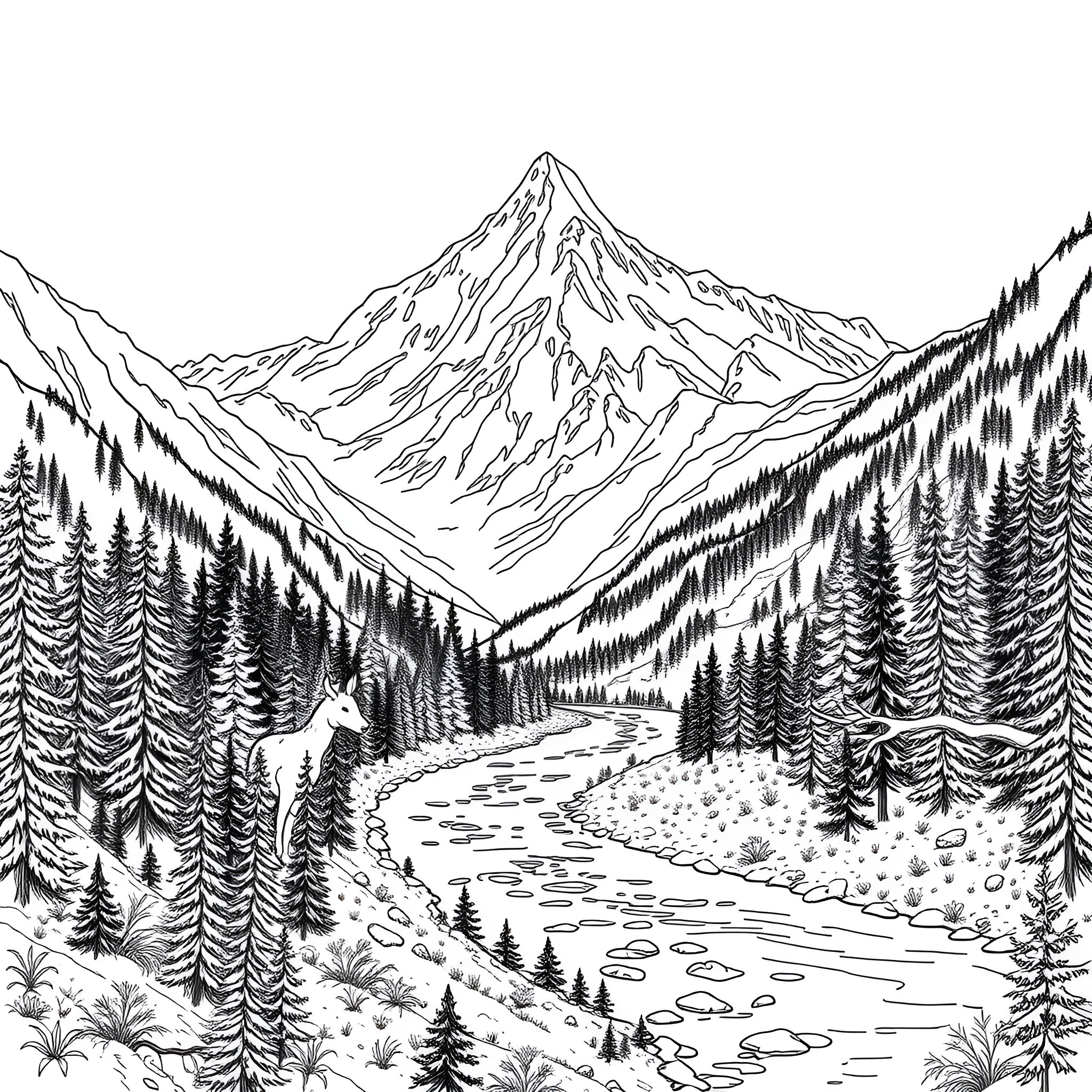 Mountain landscape with river and pine trees Coloring Page (free black-and-white line drawing printable PDF for all, from beginners to advanced learners, including children, teens, adults, and seniors)