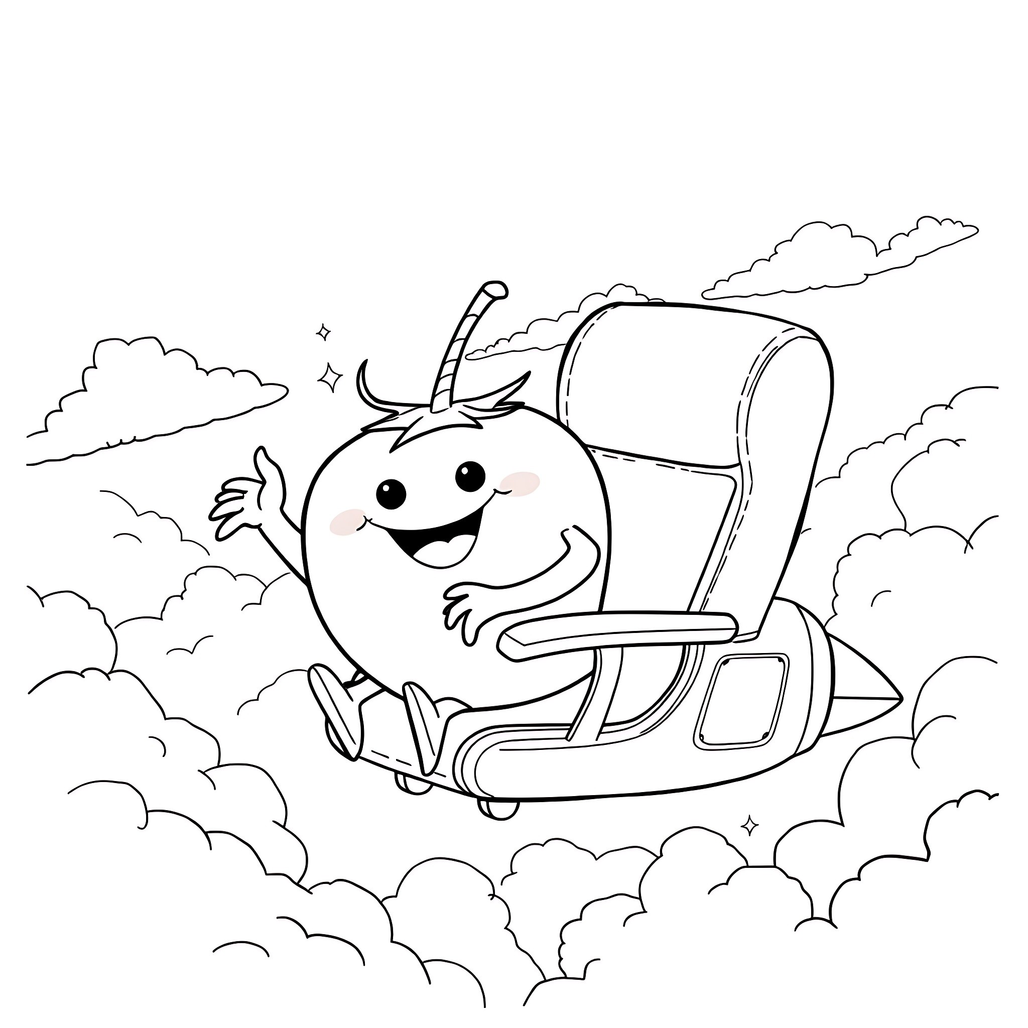 Tomato figure riding a jet sled through the clouds Coloring Page (free black-and-white line drawing printable PDF for all, from beginners to advanced learners, including children, teens, adults, and seniors)