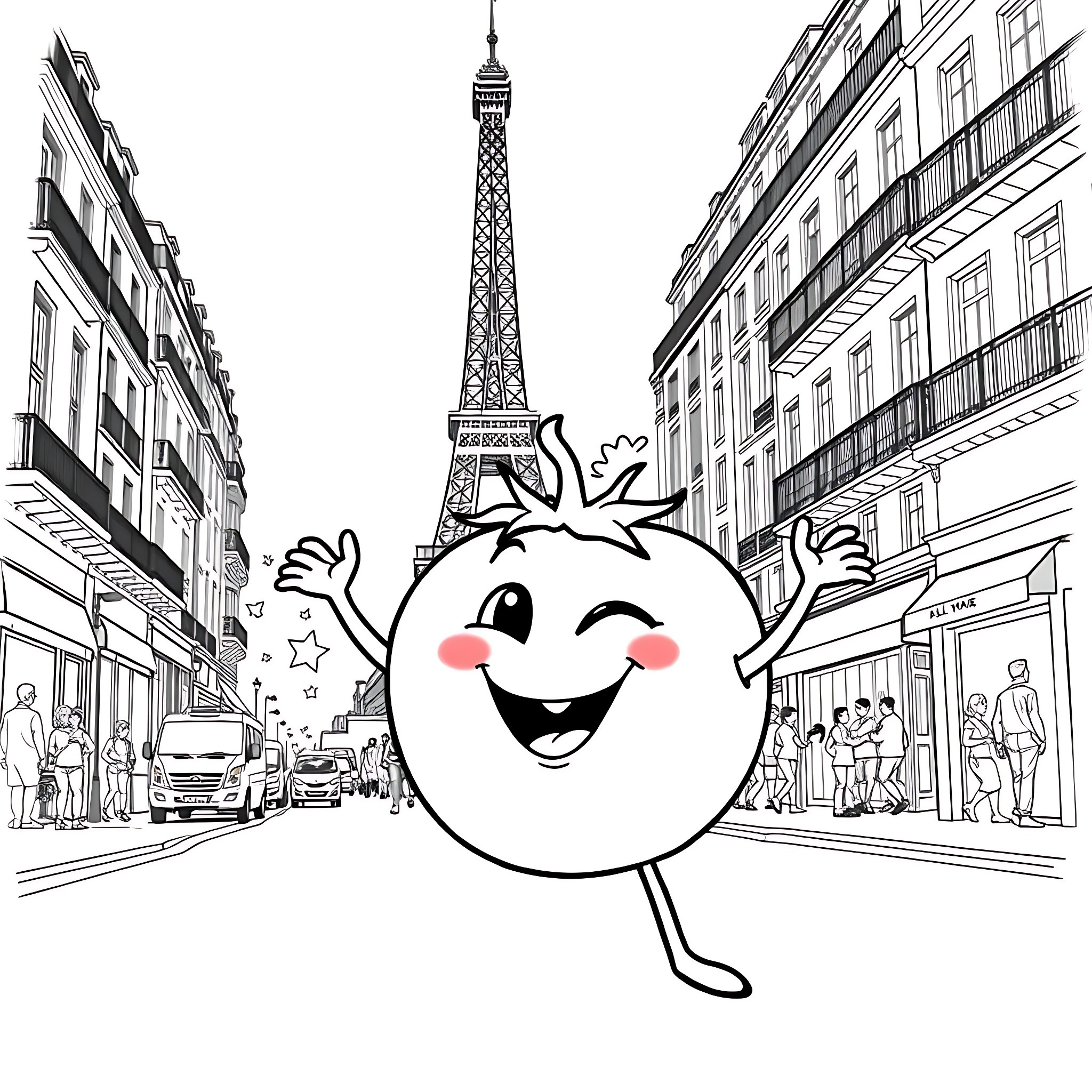 Tomato dancing happily in the streets of Paris Coloring Page (free black-and-white line drawing printable PDF for all, from beginners to advanced learners, including children, teens, adults, and seniors)