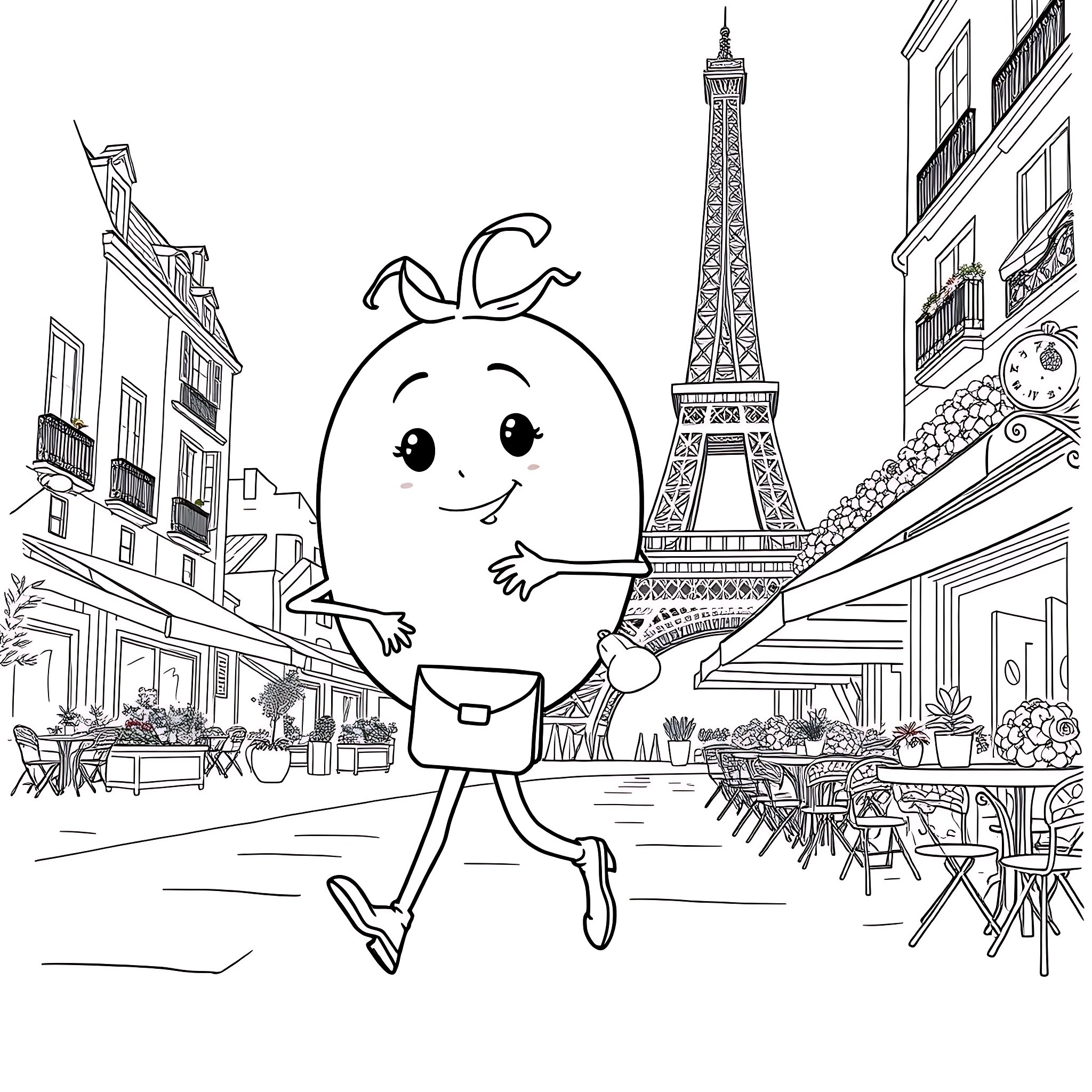 Tomato character exploring the streets of Paris Coloring Page (free black-and-white line drawing printable PDF for all, from beginners to advanced learners, including children, teens, adults, and seniors)