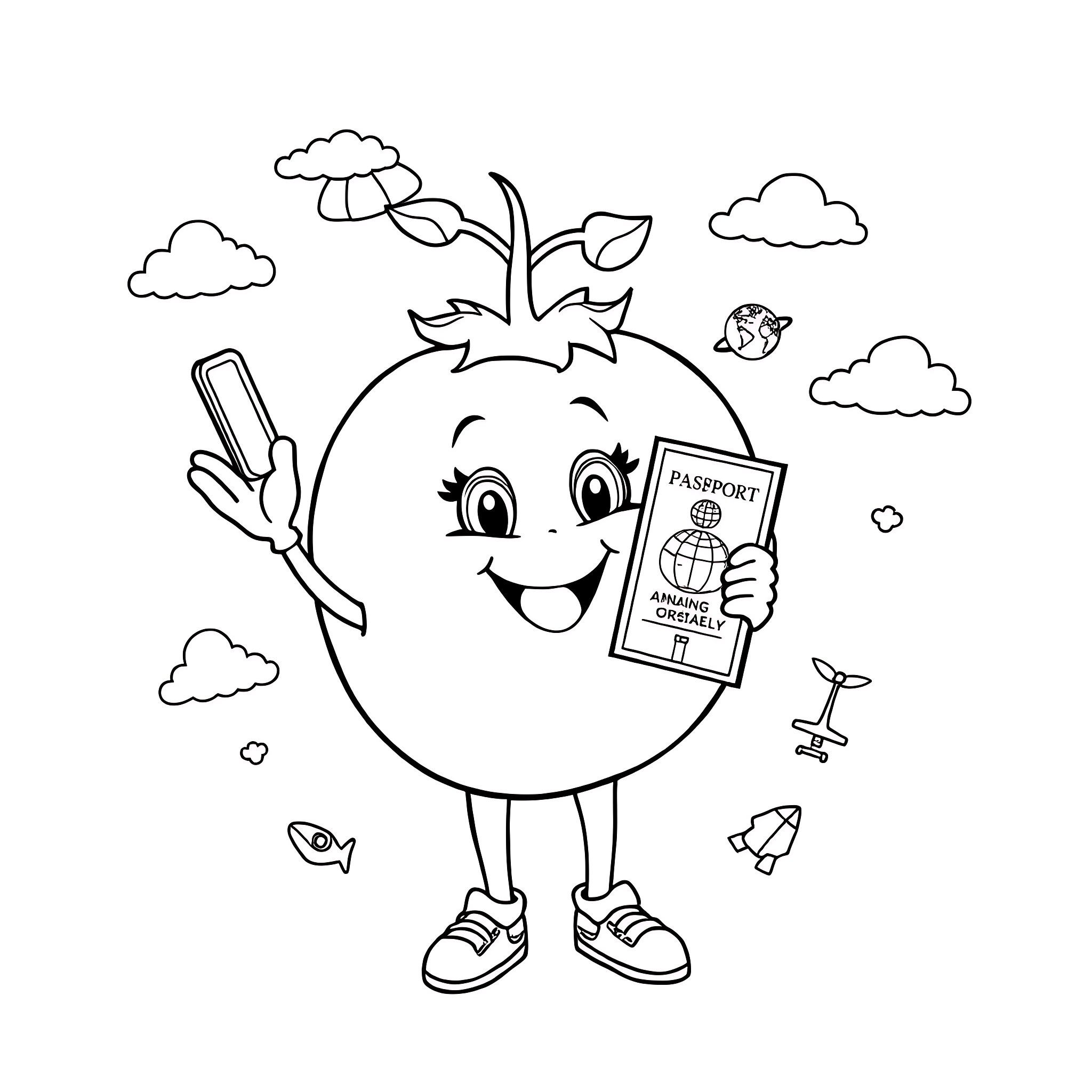 Tomato character holding passport for vacation travel Coloring Page (free black-and-white line drawing printable PDF for all, from beginners to advanced learners, including children, teens, adults, and seniors)