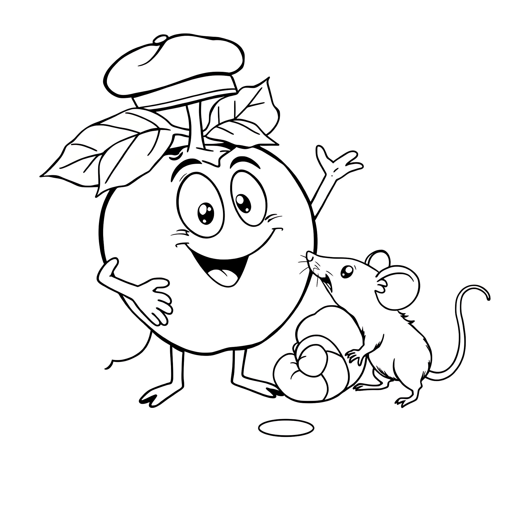 Tomato and Mouse Friends Exploring Coloring Page (free black-and-white line drawing printable PDF for all, from beginners to advanced learners, including children, teens, adults, and seniors)