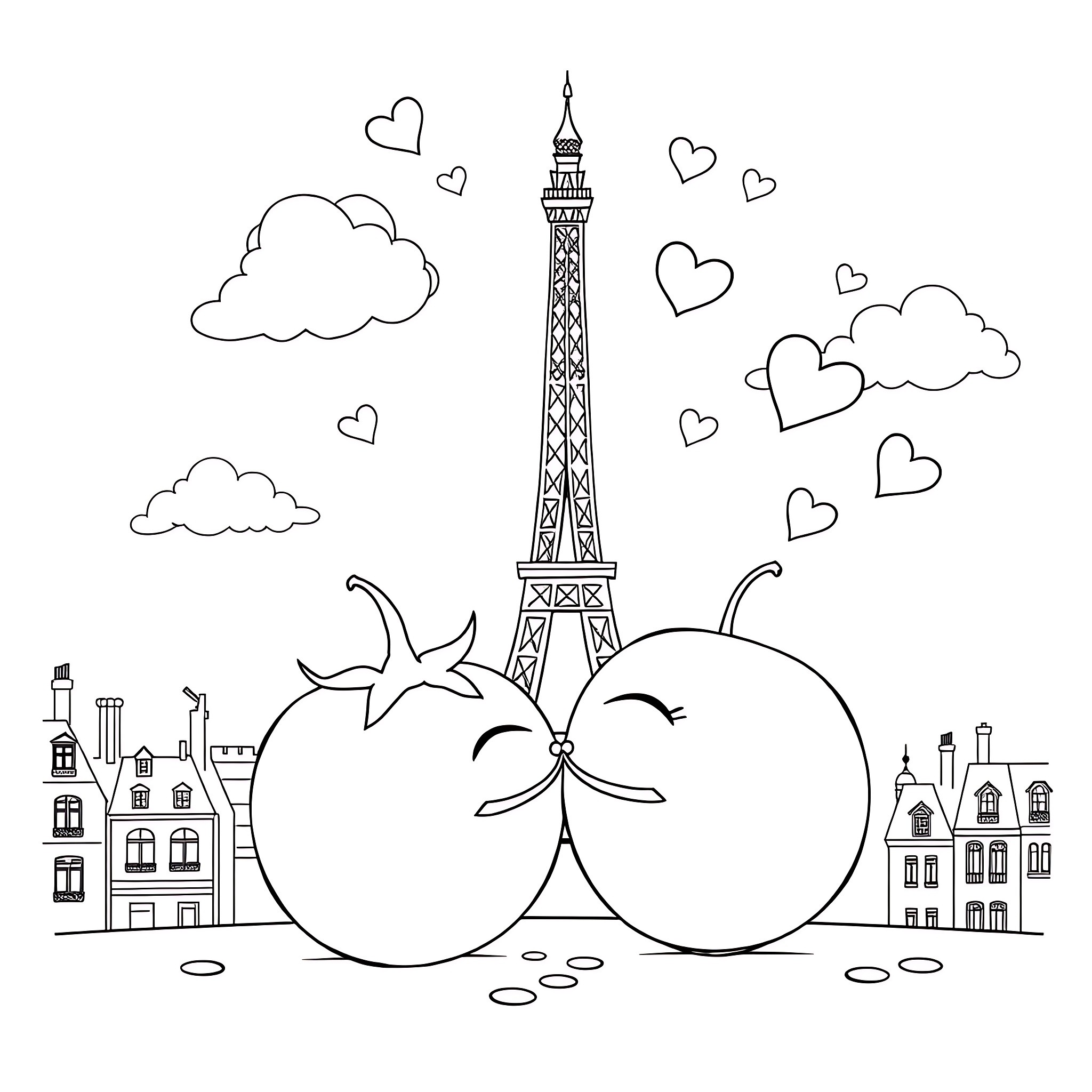 Tomato Kissing Under the Eiffel Tower Coloring Page (free black-and-white line drawing printable PDF for all, from beginners to advanced learners, including children, teens, adults, and seniors)