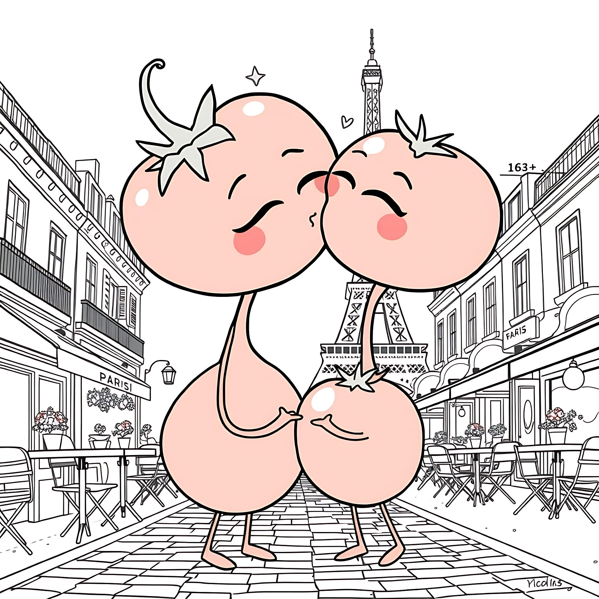Tomato twins enjoying the Parisian sights Coloring Page (free black-and-white line drawing printable PDF for all, from beginners to advanced learners, including children, teens, adults, and seniors)