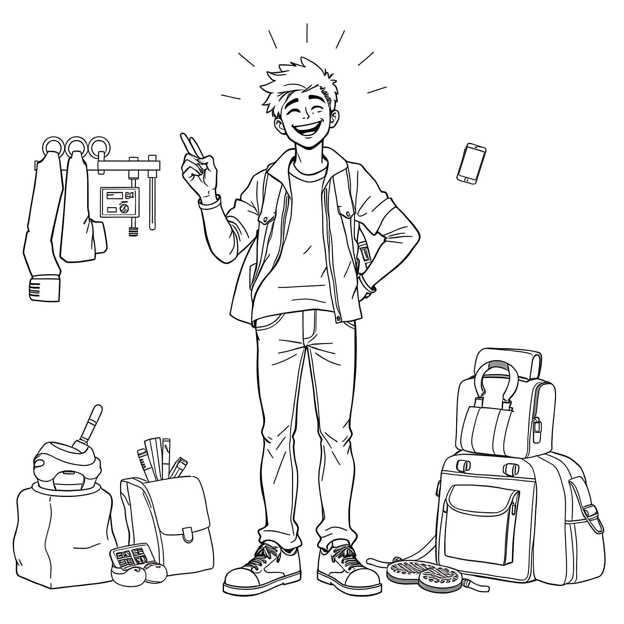 Me happily pointing amid school and travel items Coloring Page (free black-and-white line drawing printable PDF for all, from beginners to advanced learners, including children, teens, adults, and seniors)