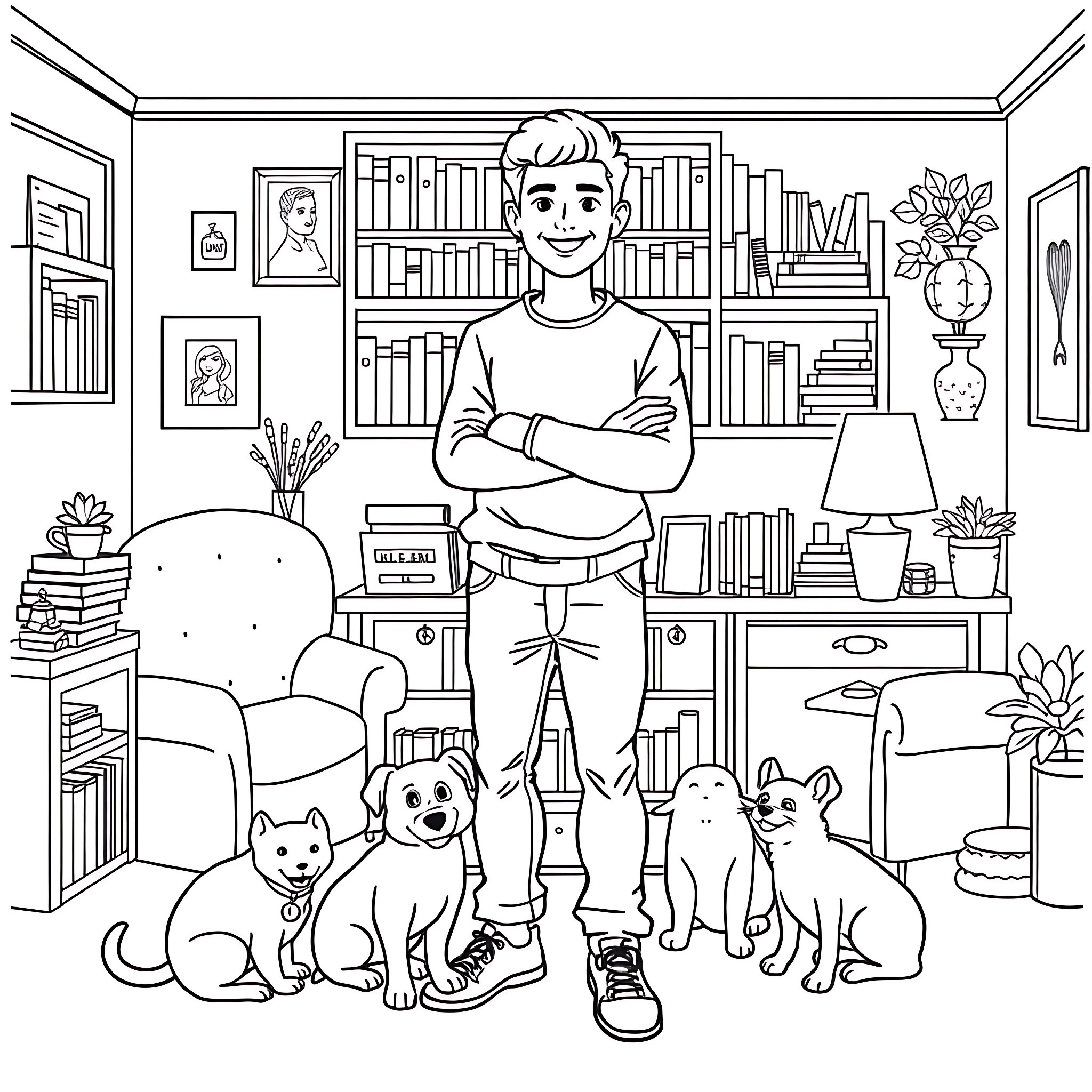 Me reading books with my pets in a cozy home Coloring Page (free black-and-white line drawing printable PDF for all, from beginners to advanced learners, including children, teens, adults, and seniors)