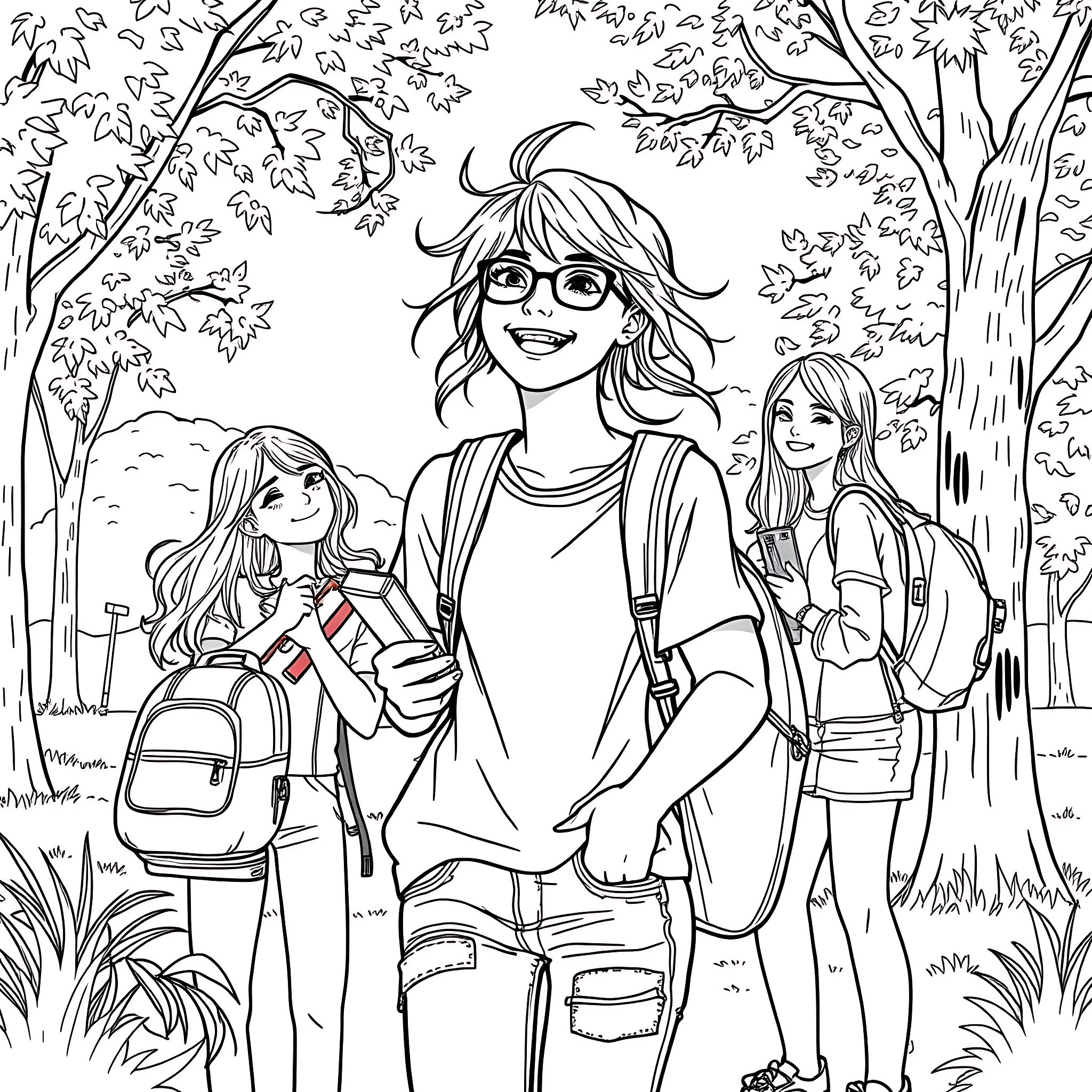 Teen Girl Enjoying Outdoor Adventure with Friends Coloring Page (free black-and-white line drawing printable PDF for all, from beginners to advanced learners, including children, teens, adults, and seniors)