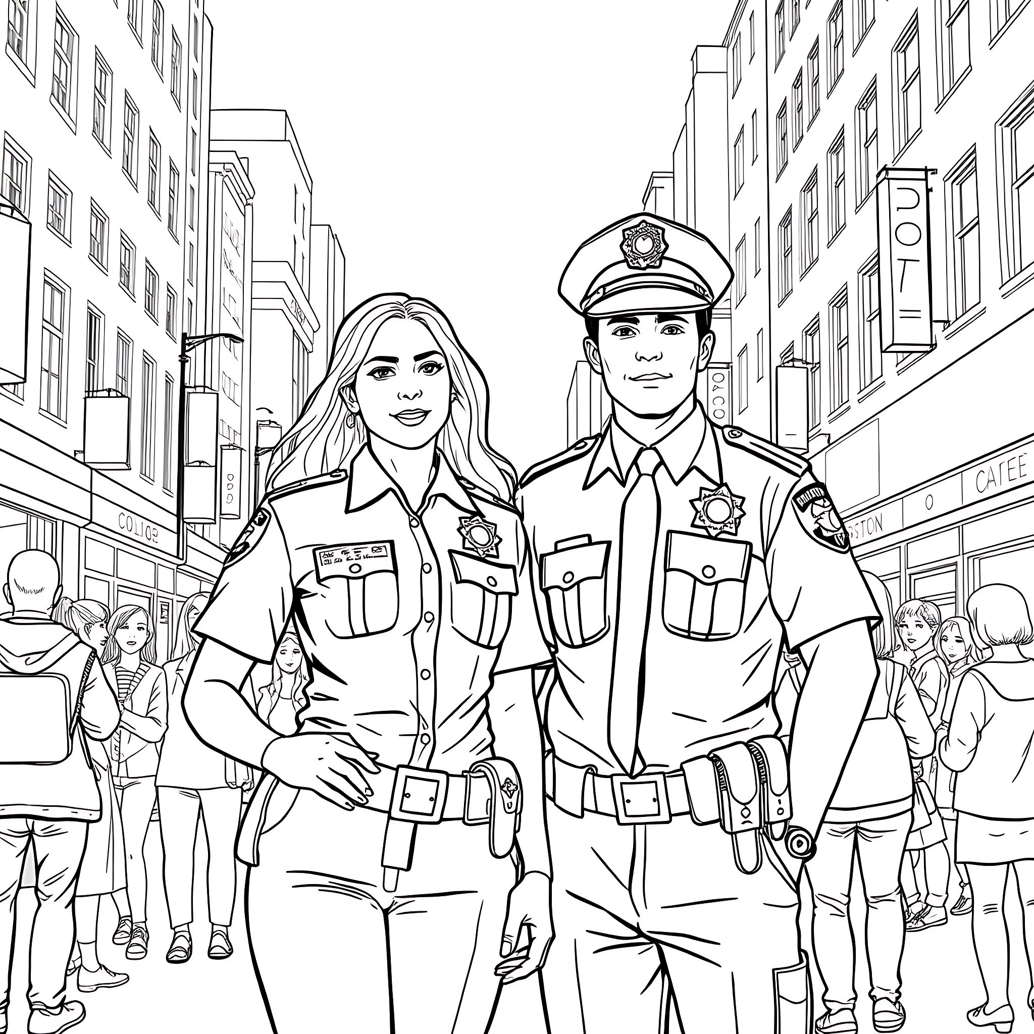 Police Officers on Duty in the City Coloring Page (free black-and-white line drawing printable PDF for all, from beginners to advanced learners, including children, teens, adults, and seniors)