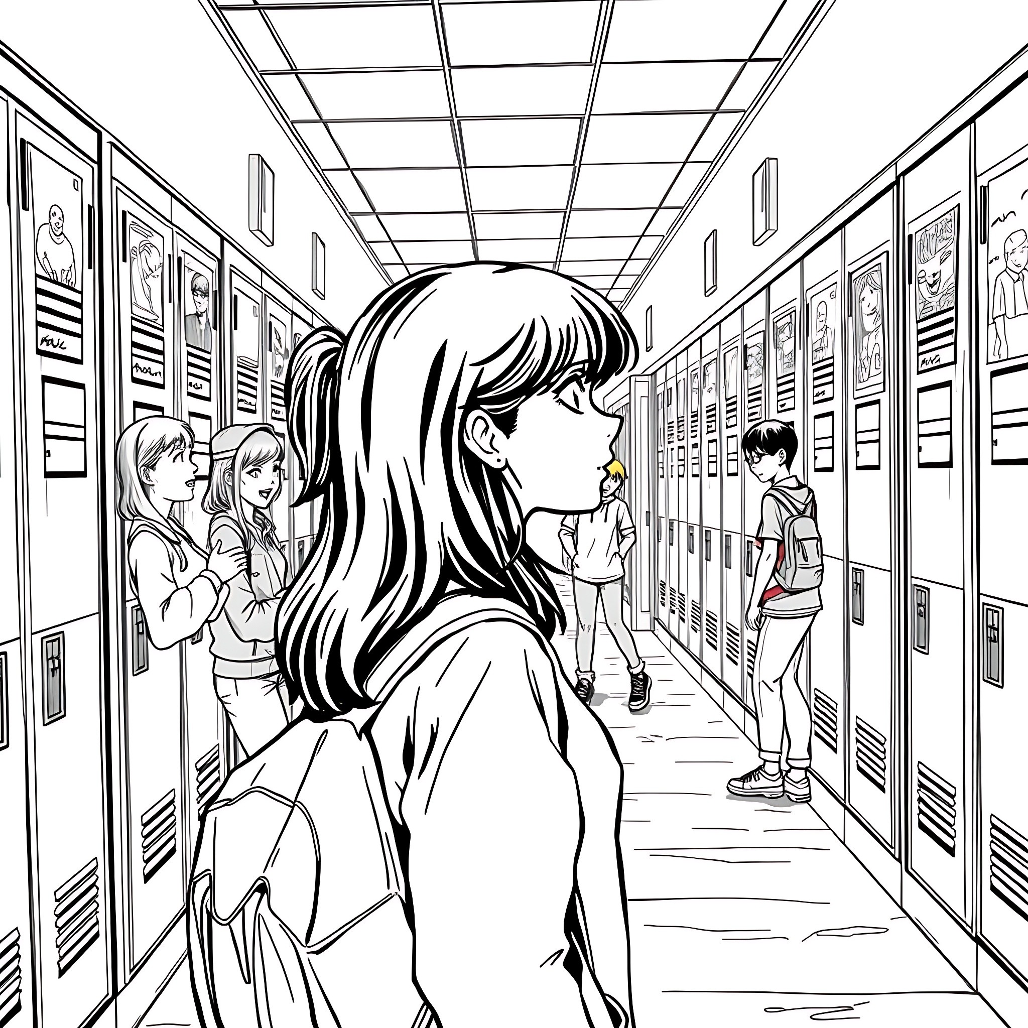 Teen Girl in a School Hallway with Peers Coloring Page (free black-and-white line drawing printable PDF for all, from beginners to advanced learners, including children, teens, adults, and seniors)