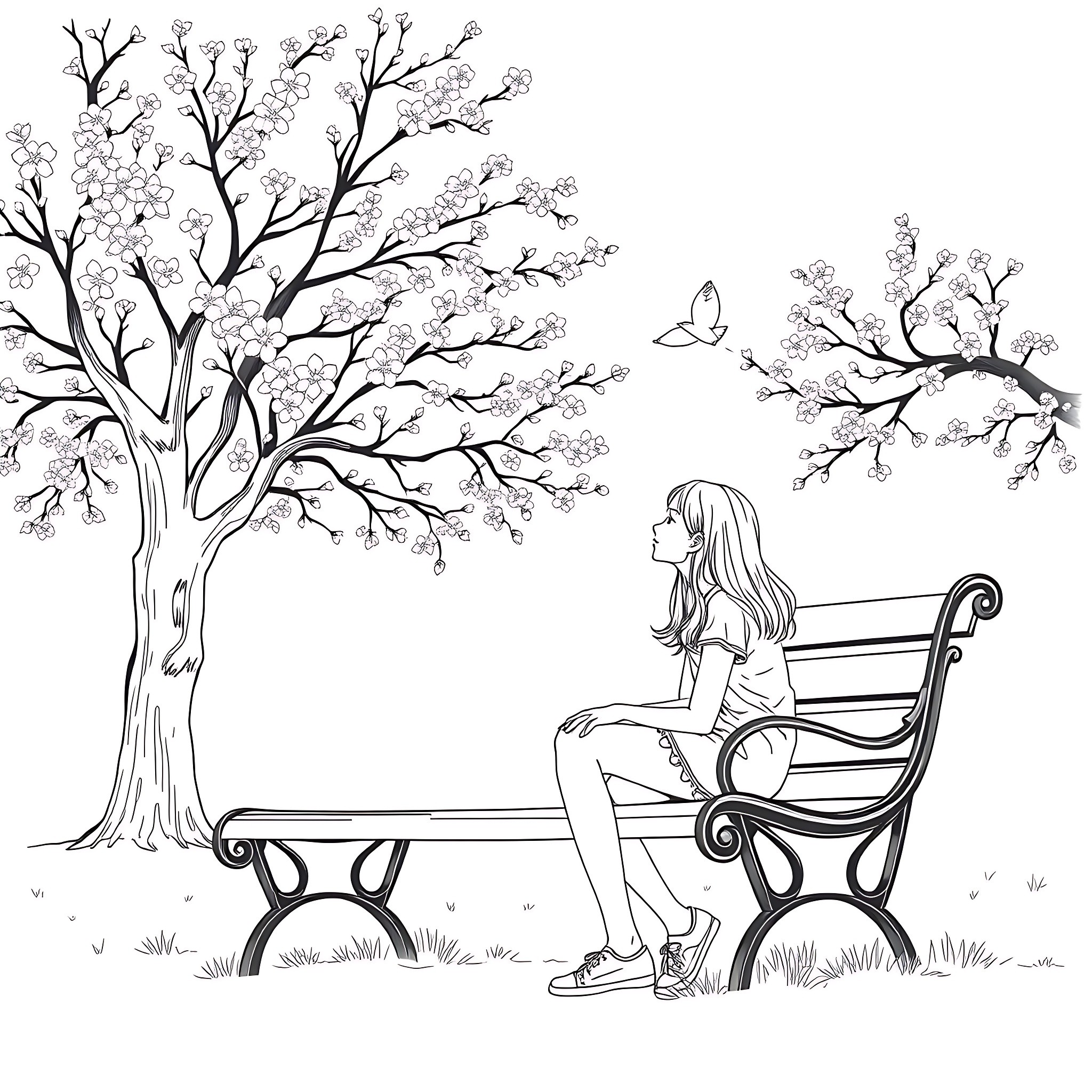 Teen Girl Relaxing on Park Bench Under Cherry Blossom Tree Coloring Page (free black-and-white line drawing printable PDF for all, from beginners to advanced learners, including children, teens, adults, and seniors)