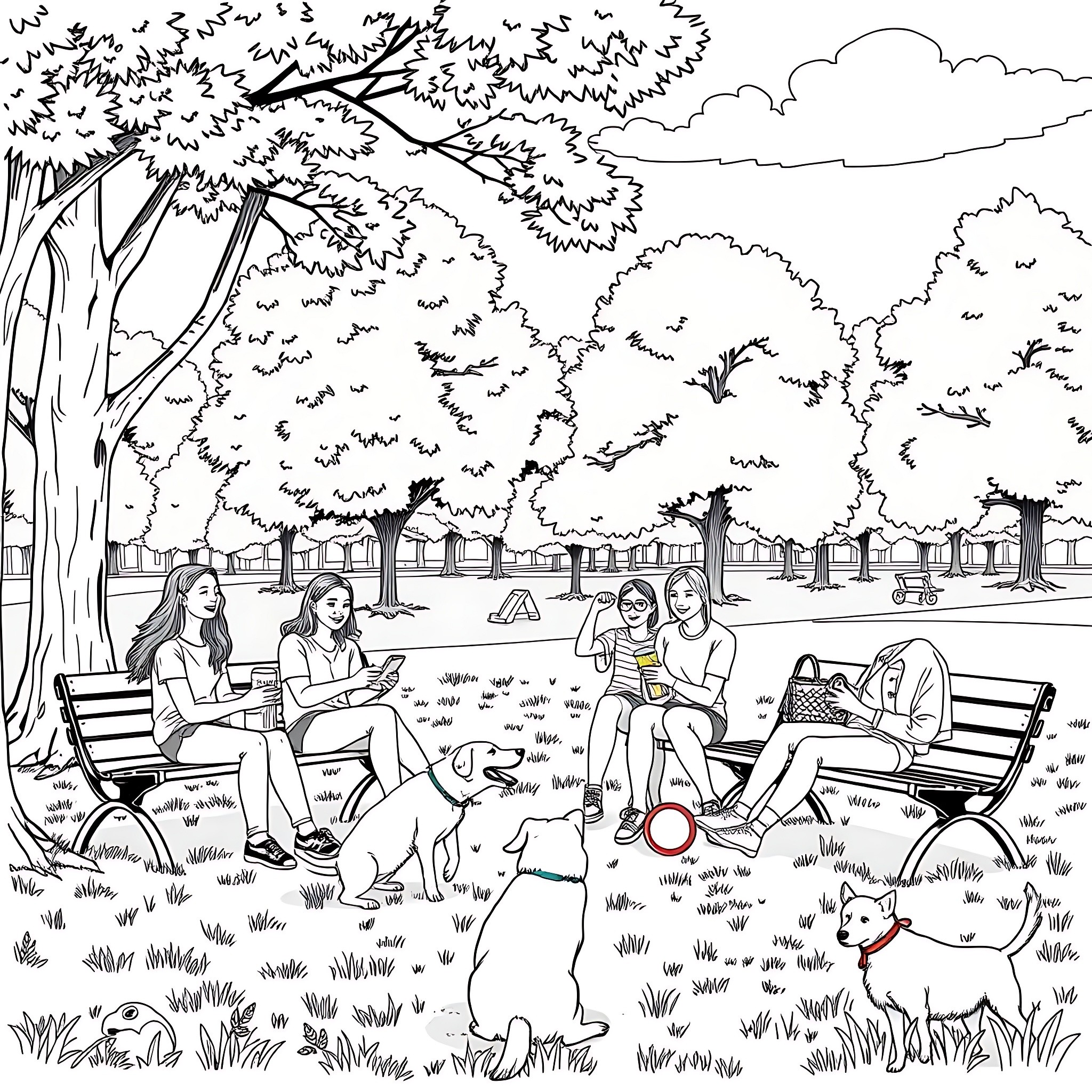 Teen friends enjoying picnic in the park Coloring Page (free black-and-white line drawing printable PDF for all, from beginners to advanced learners, including children, teens, adults, and seniors)