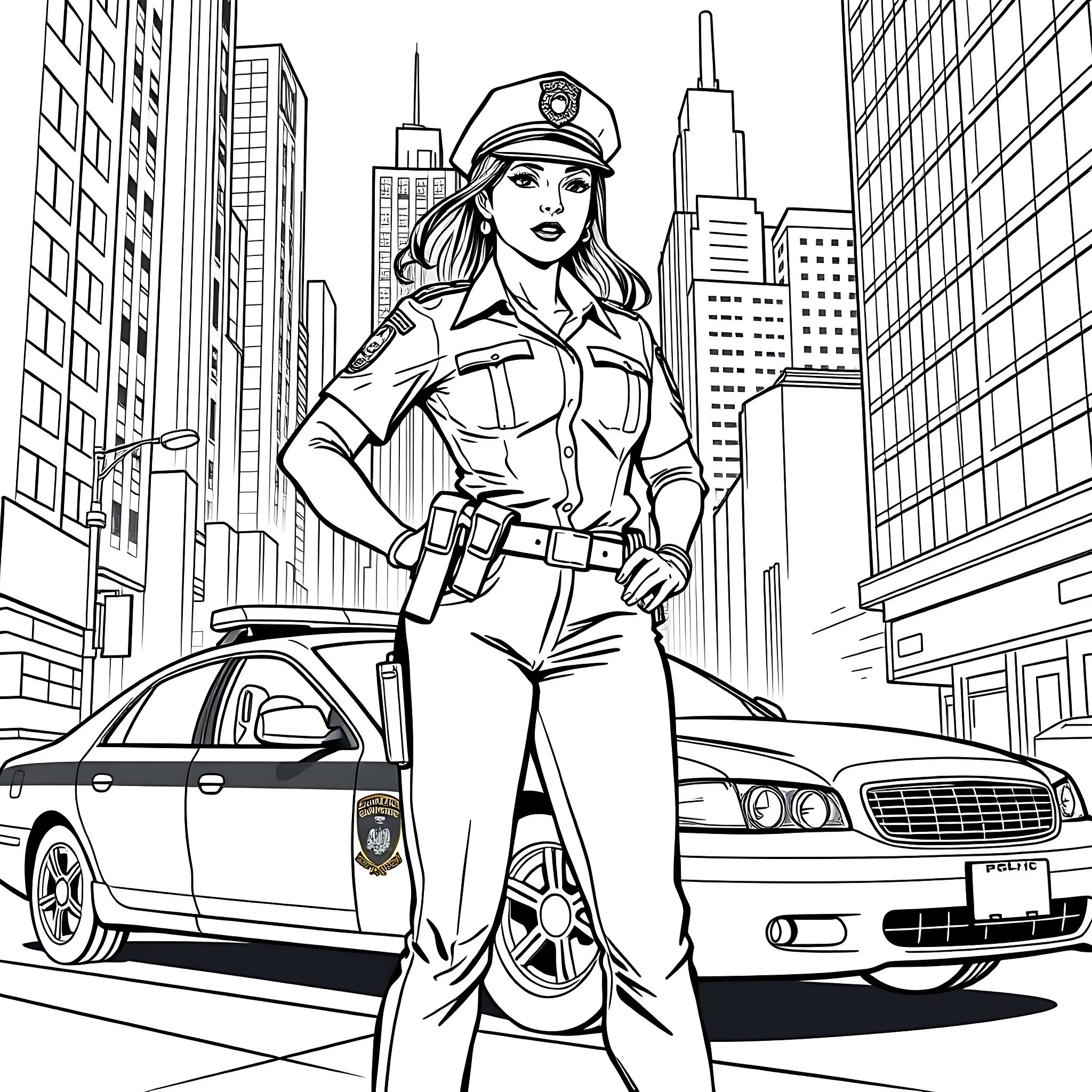 Woman police officer in the urban city Coloring Page (free black-and-white line drawing printable PDF for all, from beginners to advanced learners, including children, teens, adults, and seniors)