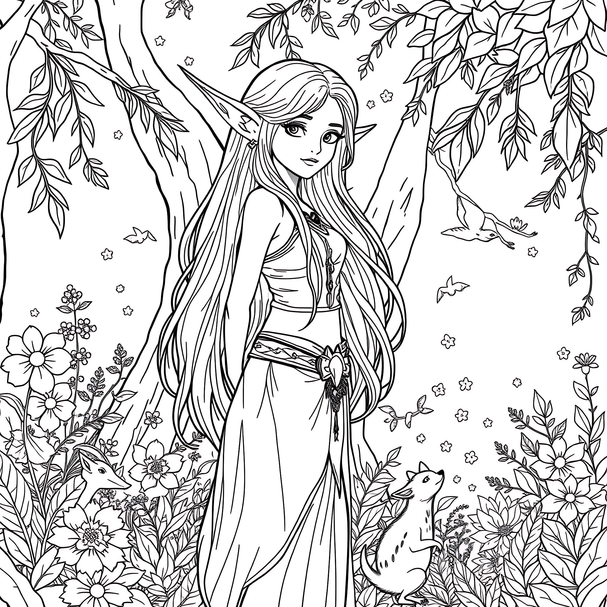Elf maiden in enchanted forest Coloring Page (free black-and-white line drawing printable PDF for all, from beginners to advanced learners, including children, teens, adults, and seniors)