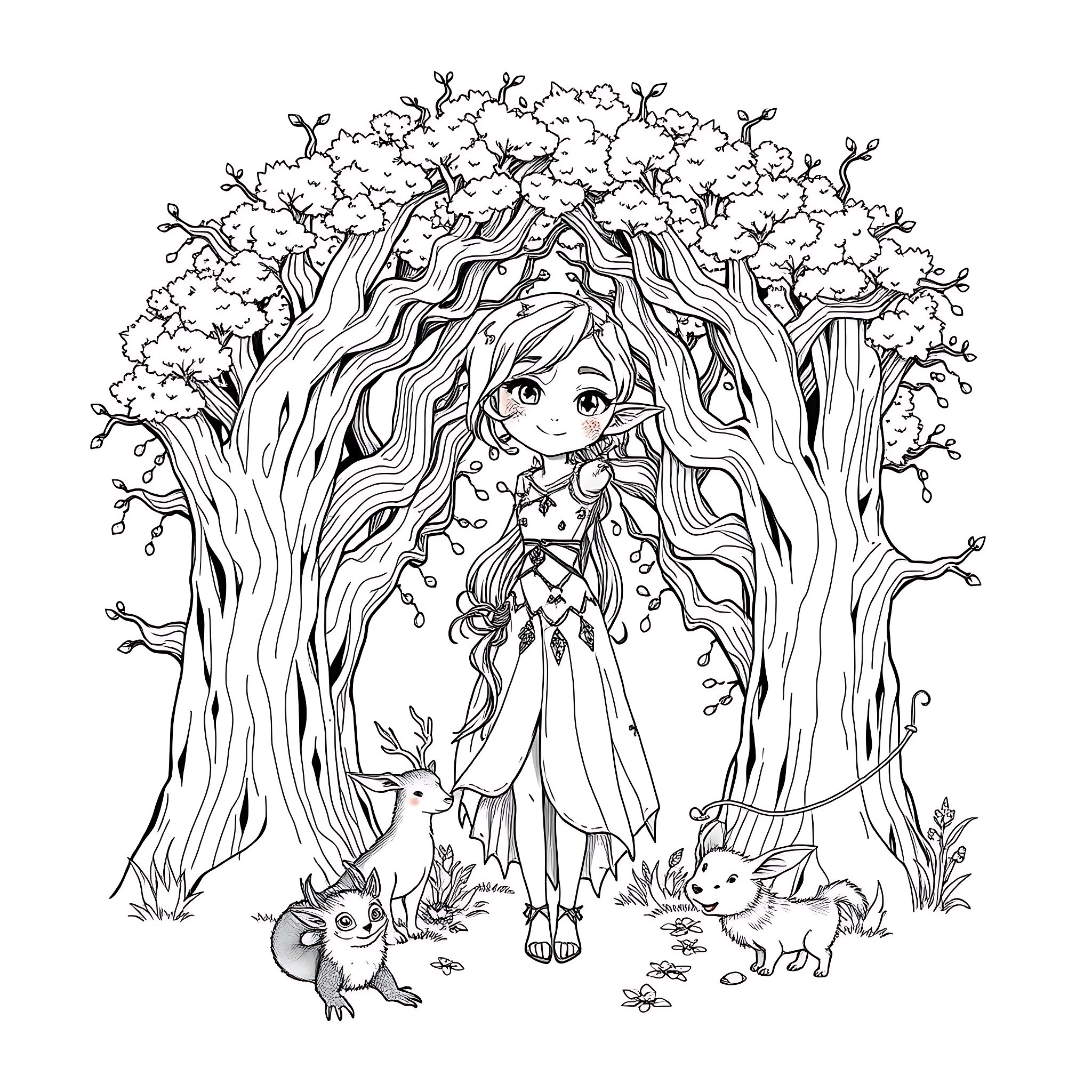 Elf girl surrounded by enchanted forest creatures Coloring Page (free black-and-white line drawing printable PDF for all, from beginners to advanced learners, including children, teens, adults, and seniors)