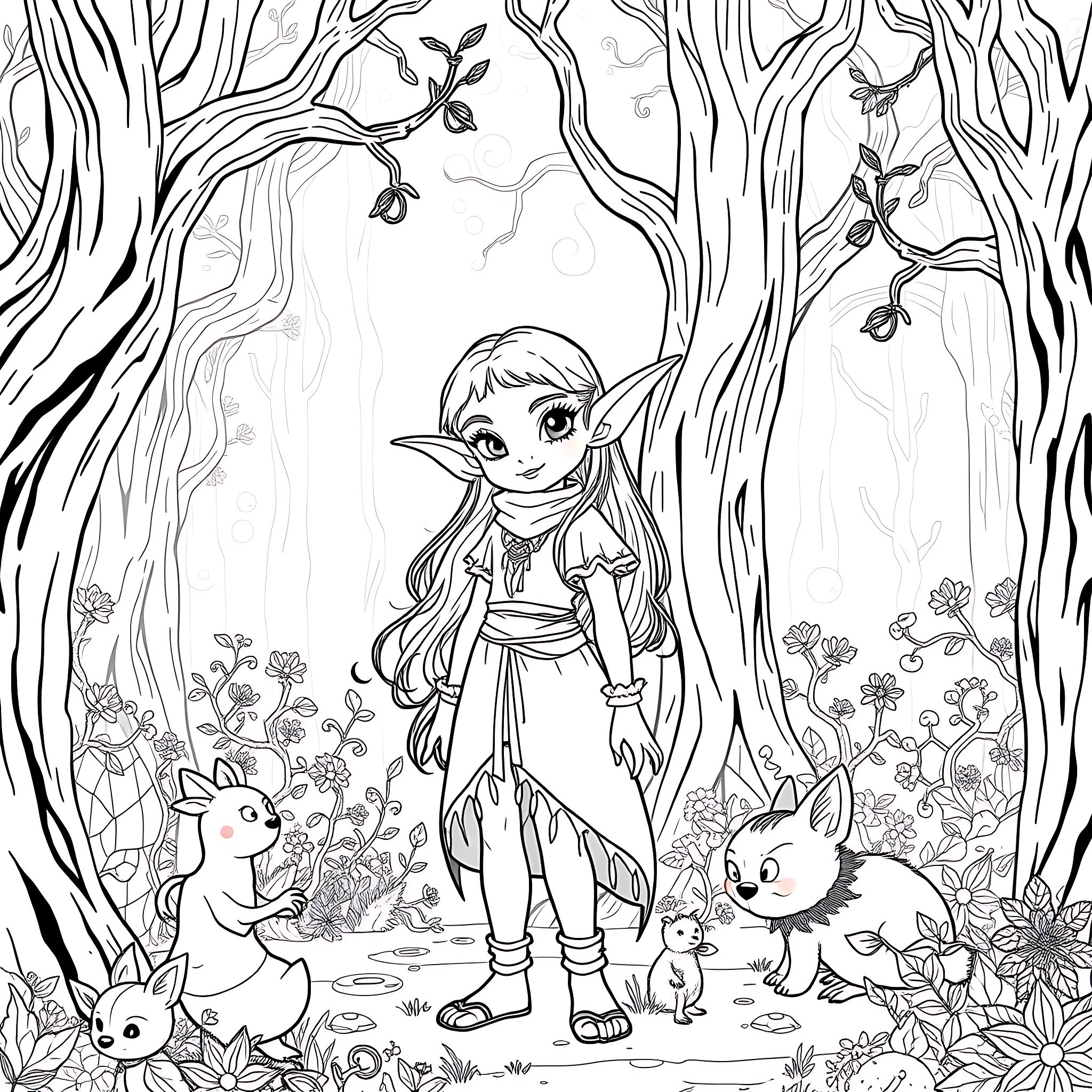 Elf girl exploring the enchanted forest with animal friends Coloring Page (free black-and-white line drawing printable PDF for all, from beginners to advanced learners, including children, teens, adults, and seniors)