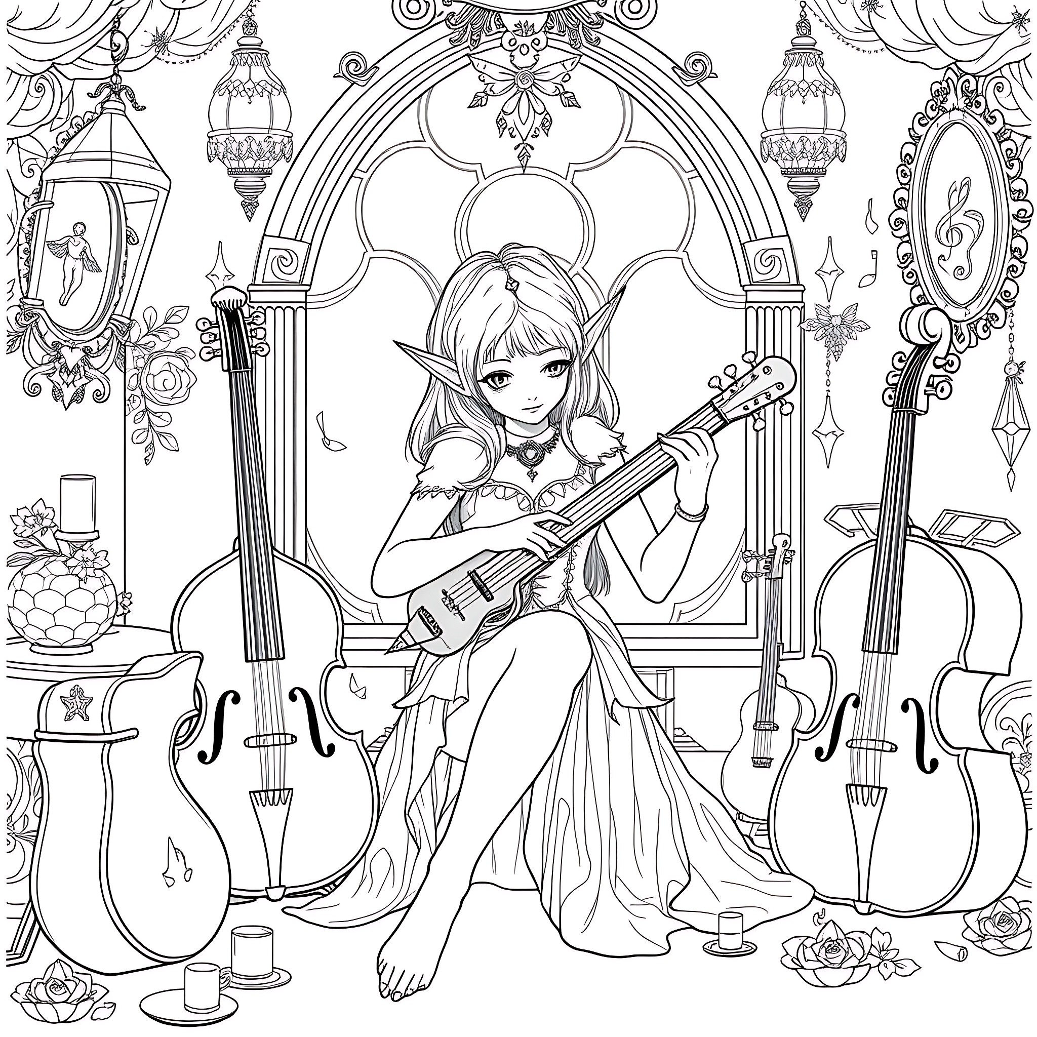 Elf musician playing guitar in an ornate chamber Coloring Page (free black-and-white line drawing printable PDF for all, from beginners to advanced learners, including children, teens, adults, and seniors)