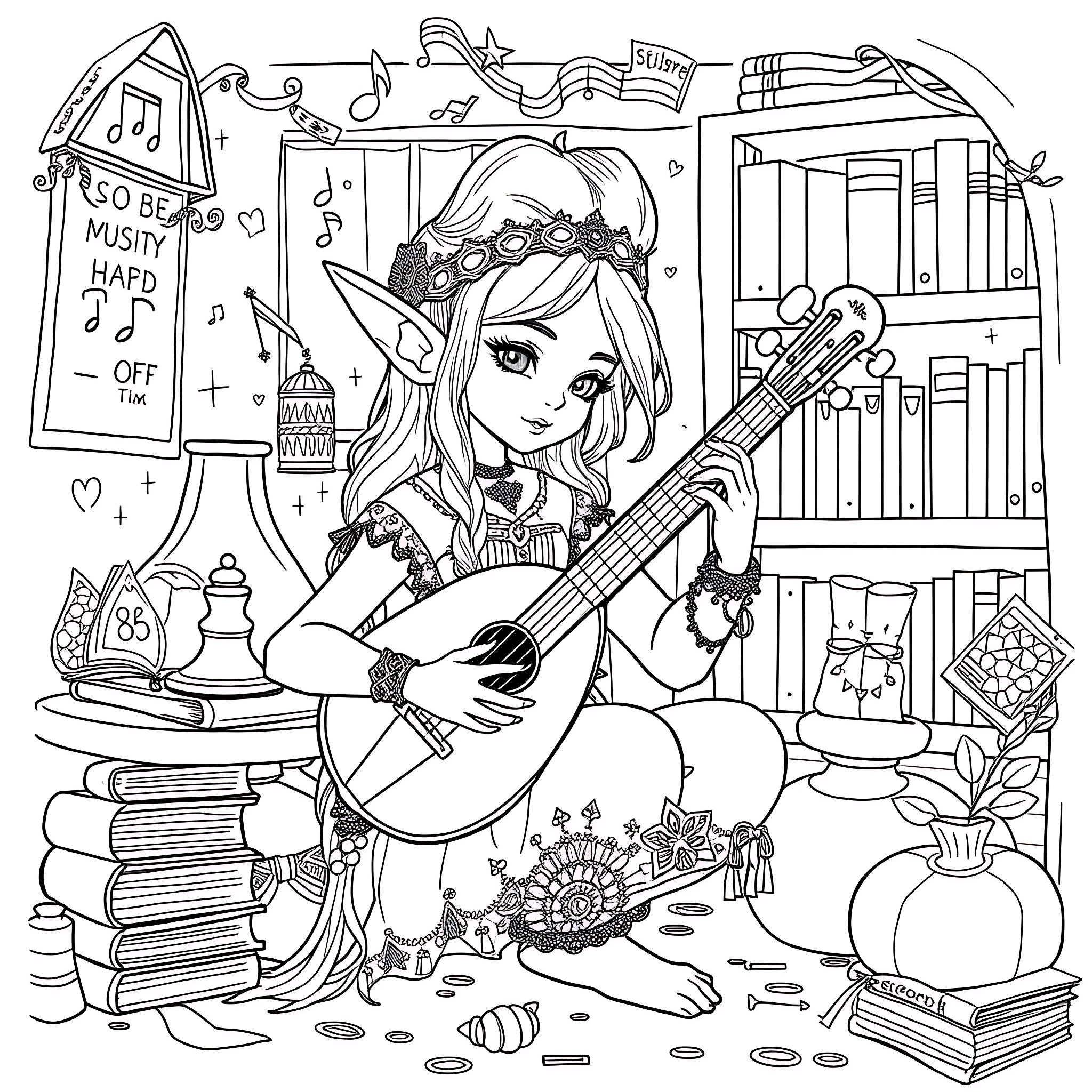 Elf musician playing guitar in cozy book-filled room Coloring Page (free black-and-white line drawing printable PDF for all, from beginners to advanced learners, including children, teens, adults, and seniors)
