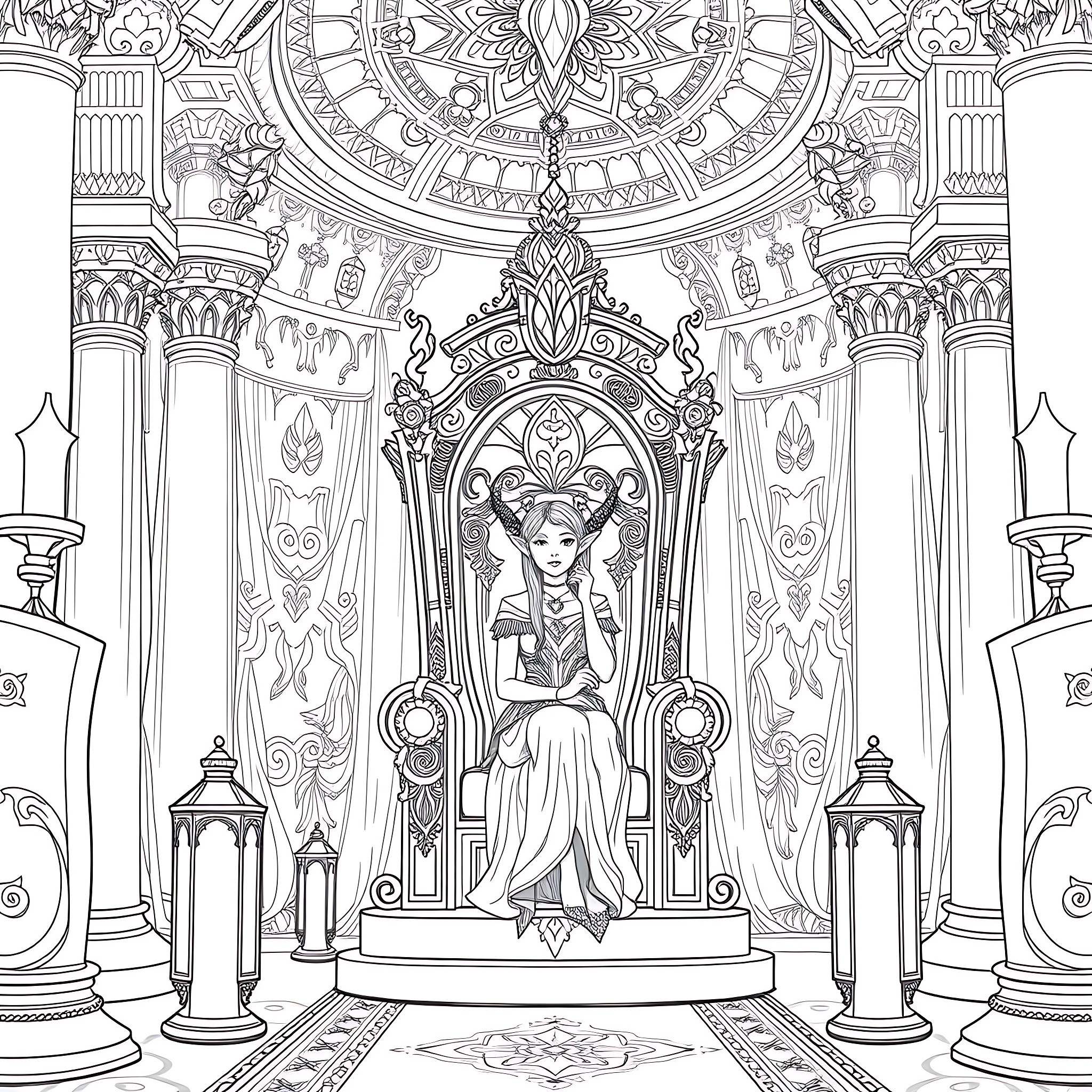 Elf Queen sitting on an ornate throne Coloring Page (free black-and-white line drawing printable PDF for all, from beginners to advanced learners, including children, teens, adults, and seniors)