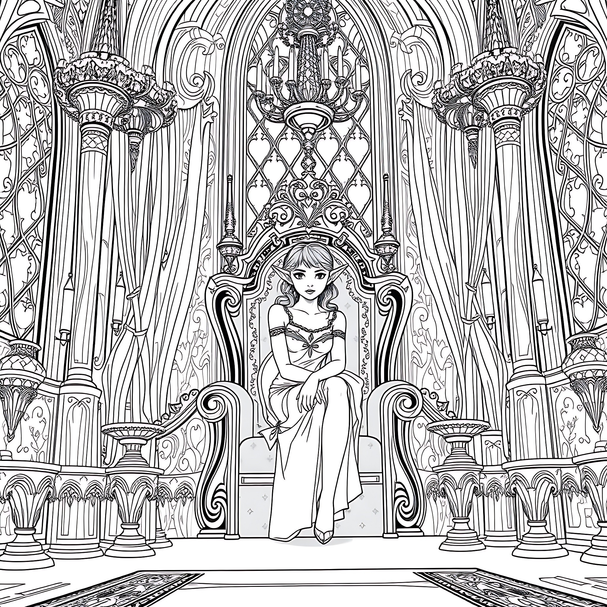 Teen Girl Seated on Ornate Throne in Elaborate Cathedral Coloring Page (free black-and-white line drawing printable PDF for all, from beginners to advanced learners, including children, teens, adults, and seniors)