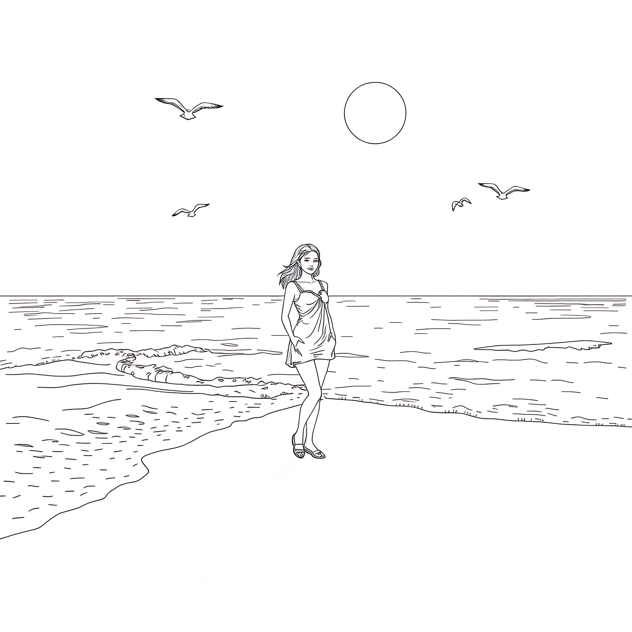 Woman standing on the beach Coloring Page (free black-and-white line drawing printable PDF for all, from beginners to advanced learners, including children, teens, adults, and seniors)