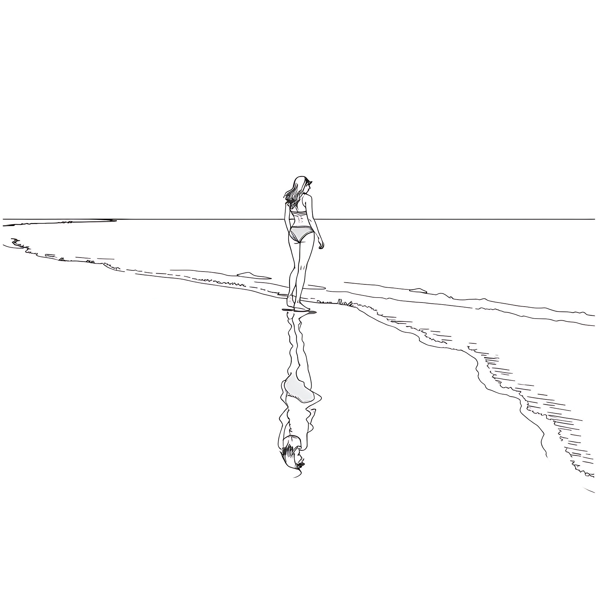 Woman standing on the beach with reflection Coloring Page (free black-and-white line drawing printable PDF for all, from beginners to advanced learners, including children, teens, adults, and seniors)