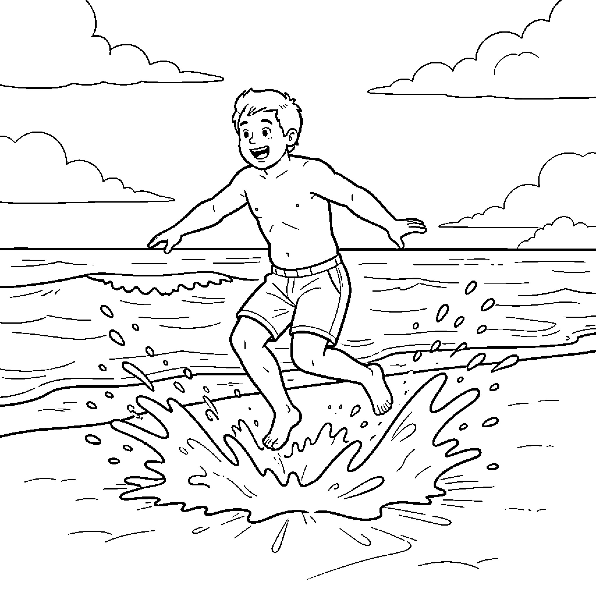 Friper happy boy running and splashing in ocean waves Coloring Page (free black-and-white line drawing printable PDF for all, from beginners to advanced learners, including children, teens, adults, and seniors)