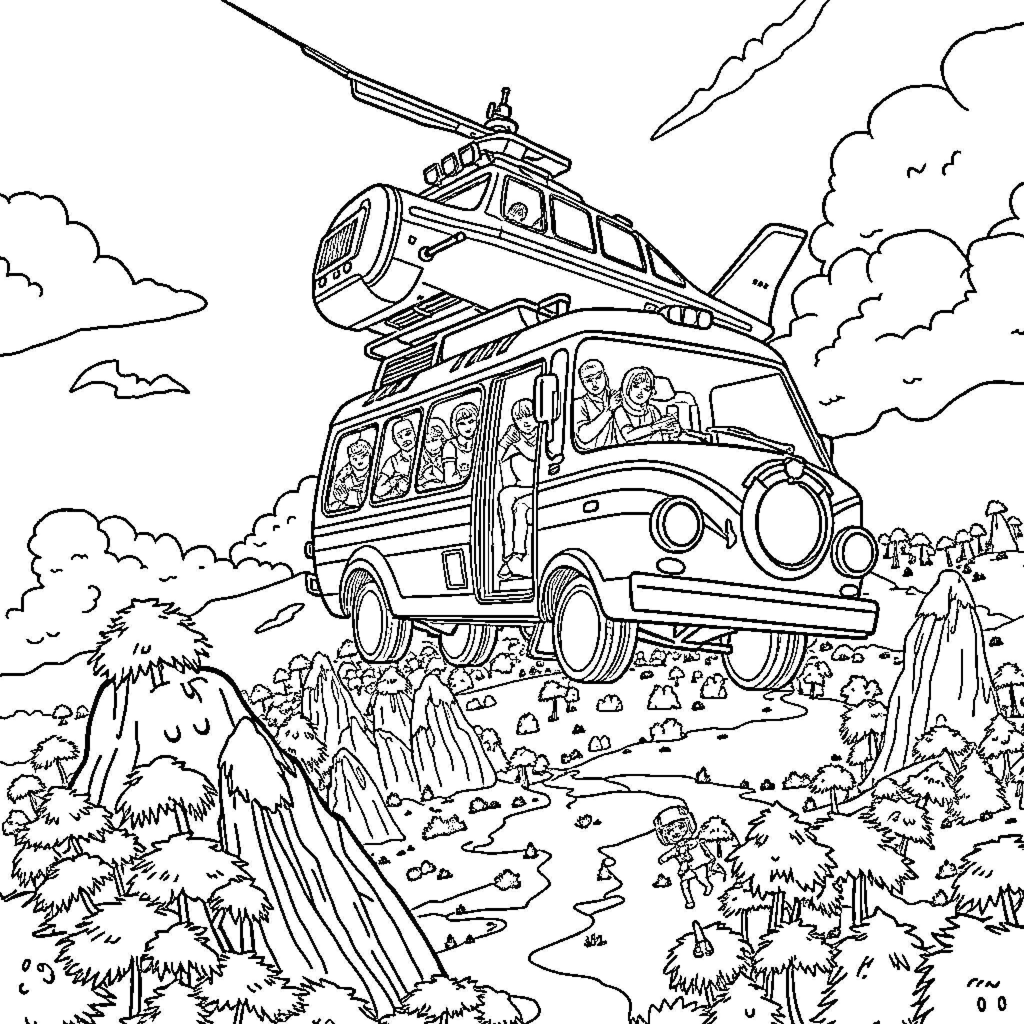 Battle Bus Transporting Excited Passengers Amid Lush Landscape Coloring Page (free black-and-white line drawing printable PDF for all, from beginners to advanced learners, including children, teens, adults, and seniors)