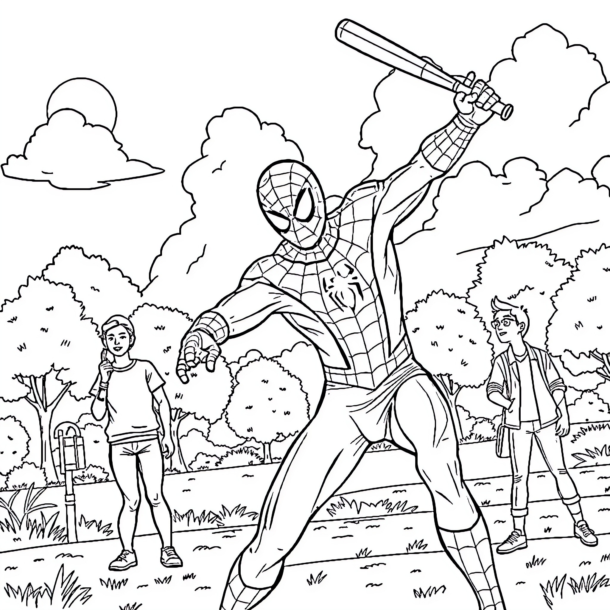 Spiderman battling villains in a vibrant outdoor setting Coloring Page (free black-and-white line drawing printable PDF for all, from beginners to advanced learners, including children, teens, adults, and seniors)