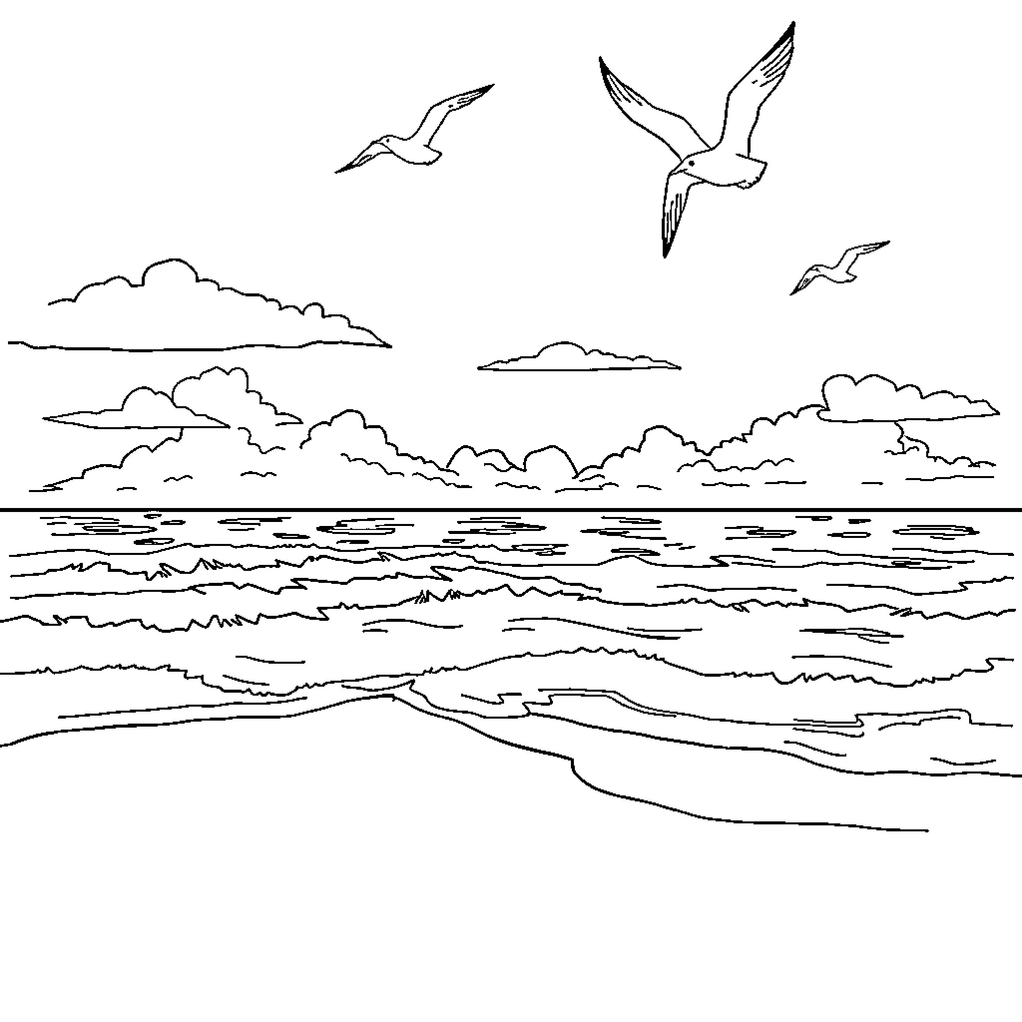 Seashore birds soaring over the crashing waves Coloring Page (free black-and-white line drawing printable PDF for all, from beginners to advanced learners, including children, teens, adults, and seniors)