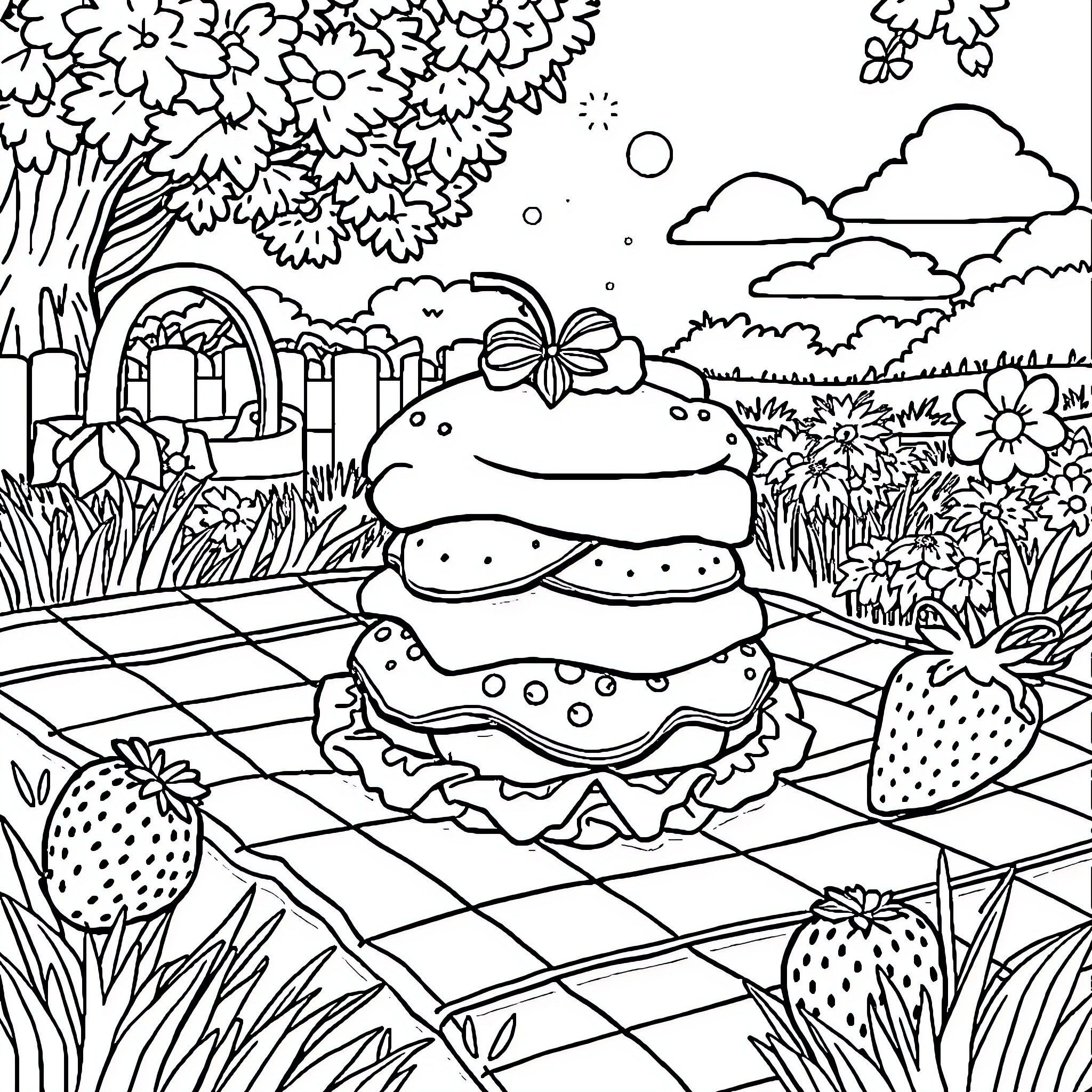 Strawberry Shortcake picnic in a serene garden Coloring Page (free black-and-white line drawing printable PDF for all, from beginners to advanced learners, including children, teens, adults, and seniors)