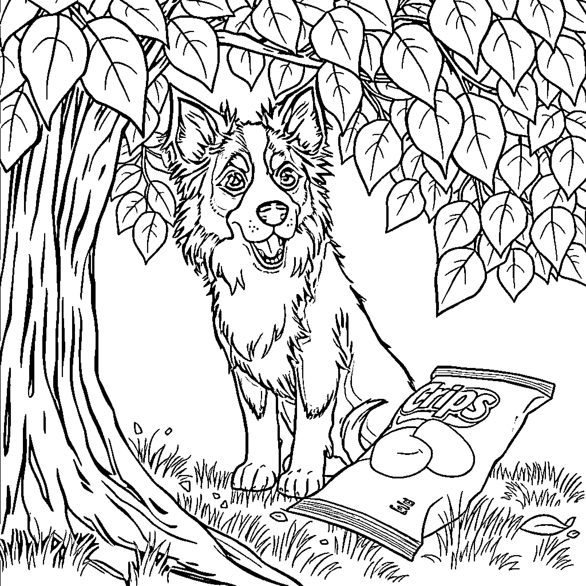 Border Collie relaxing in a tranquil forest scene Coloring Page (free black-and-white line drawing printable PDF for all, from beginners to advanced learners, including children, teens, adults, and seniors)