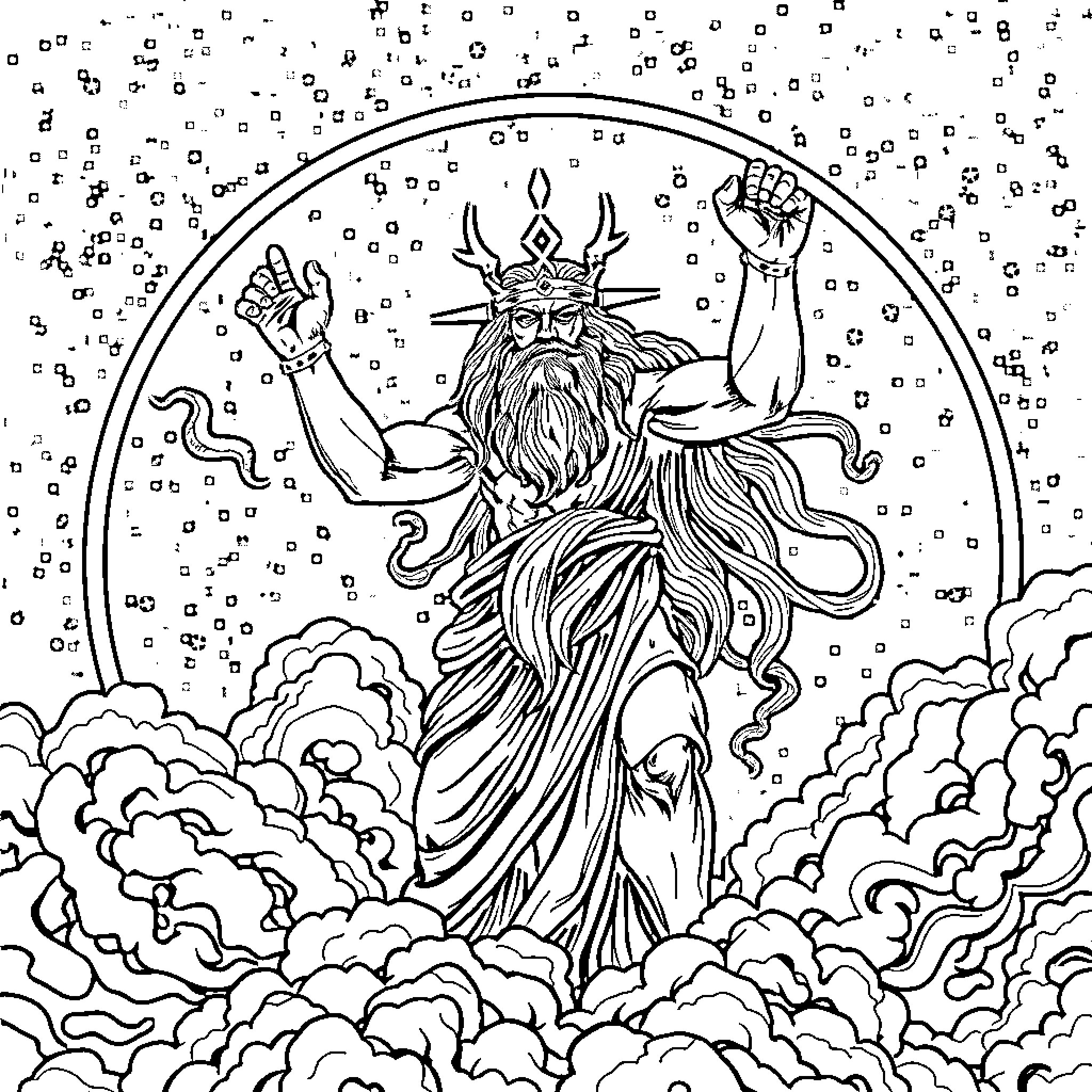 Uranos, the Mighty Celestial Being amid the Cosmic Clouds Coloring Page (free black-and-white line drawing printable PDF for all, from beginners to advanced learners, including children, teens, adults, and seniors)