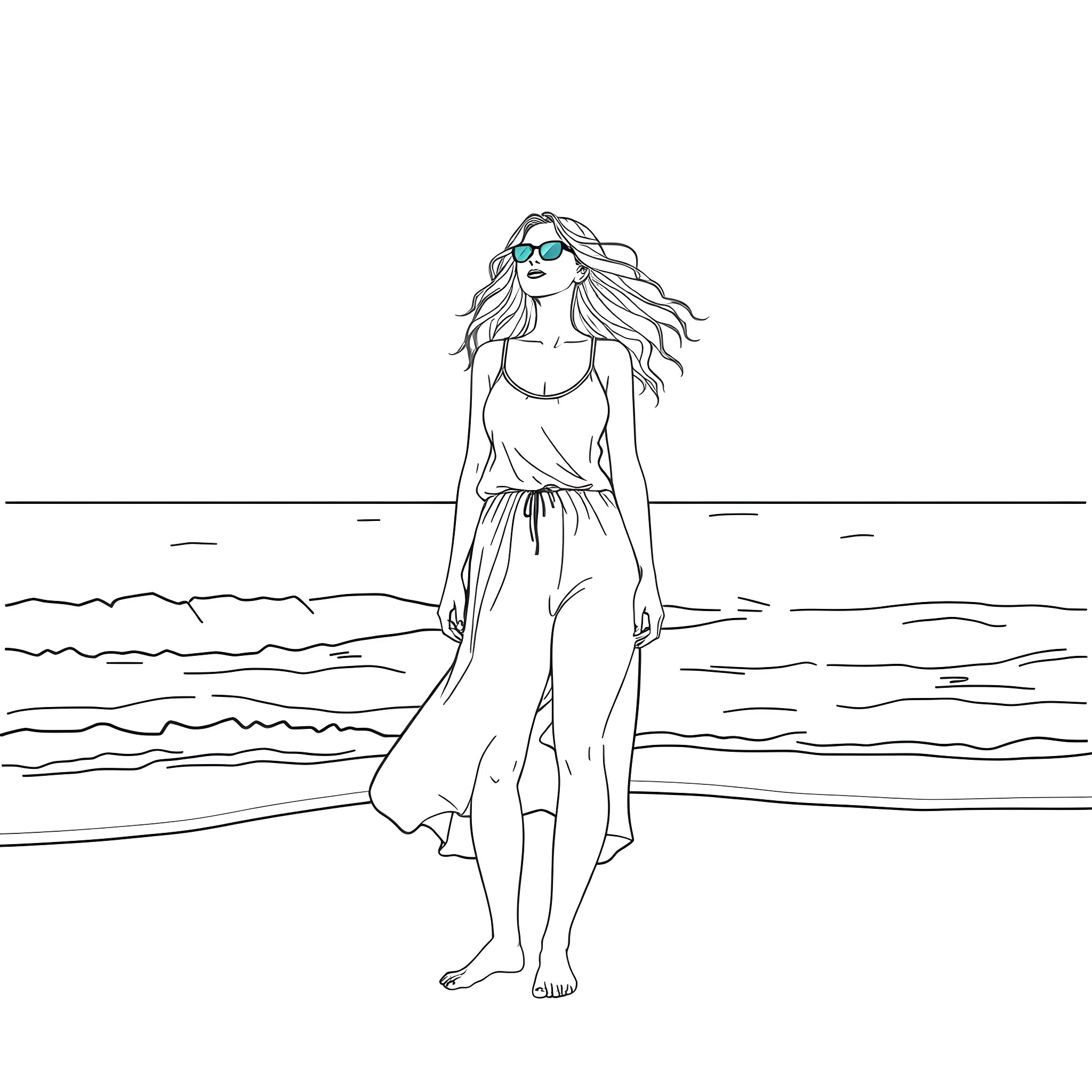 Woman walking confidently on the beach Coloring Page (free black-and-white line drawing printable PDF for all, from beginners to advanced learners, including children, teens, adults, and seniors)