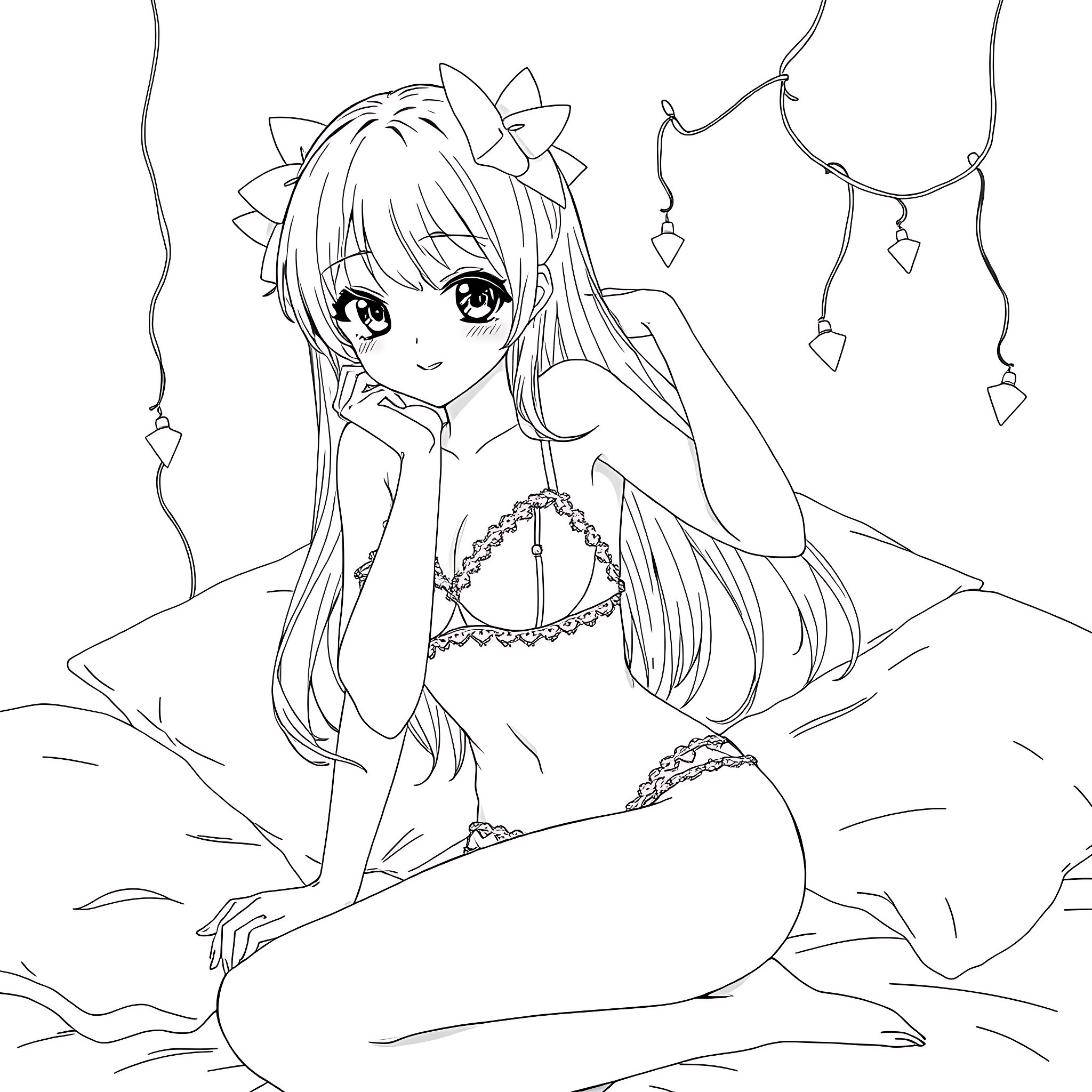 Anime Girl in Dreamy Flower Garden Coloring Page (free black-and-white line drawing printable PDF for all, from beginners to advanced learners, including children, teens, adults, and seniors)