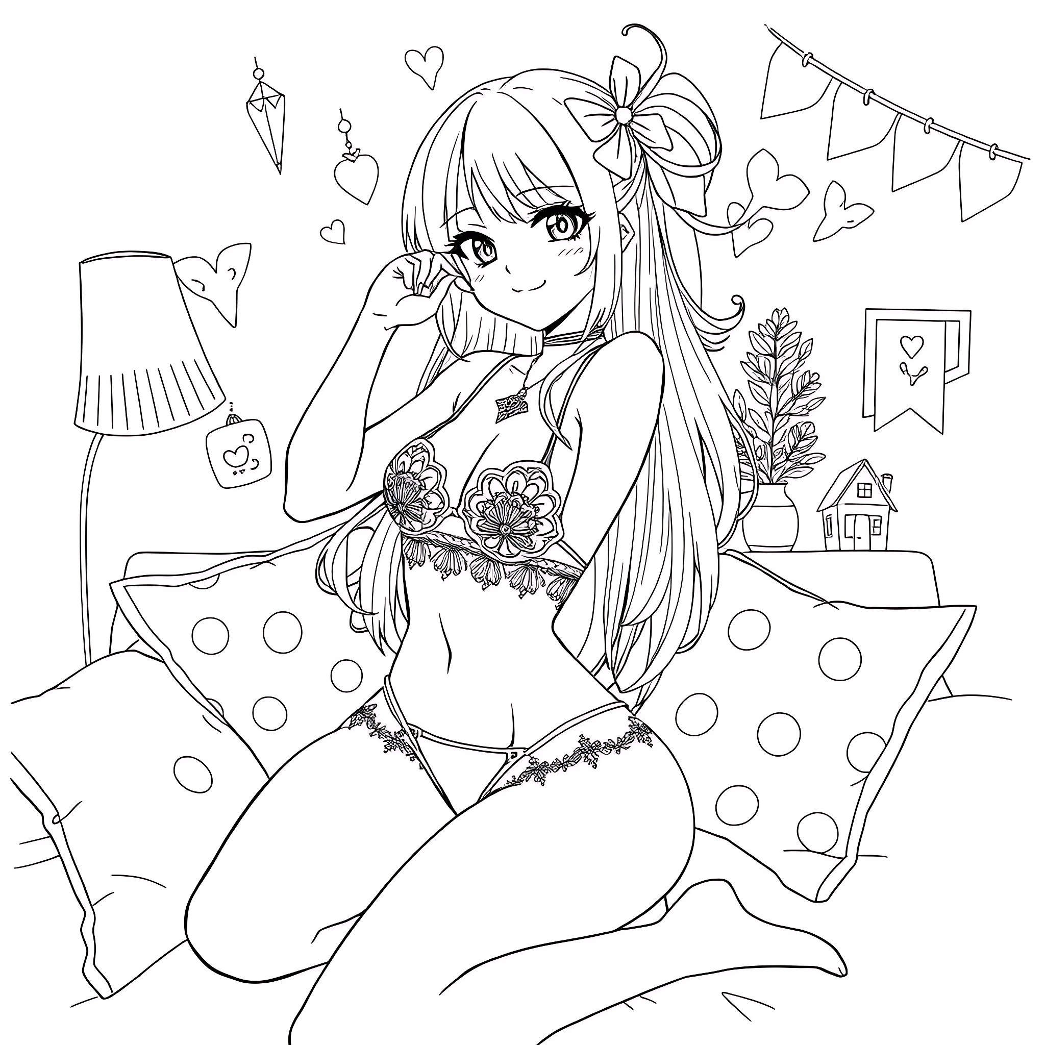 Anime Girl in Floral Dress Surrounded by Hearts and Decor Coloring Page (free black-and-white line drawing printable PDF for all, from beginners to advanced learners, including children, teens, adults, and seniors)