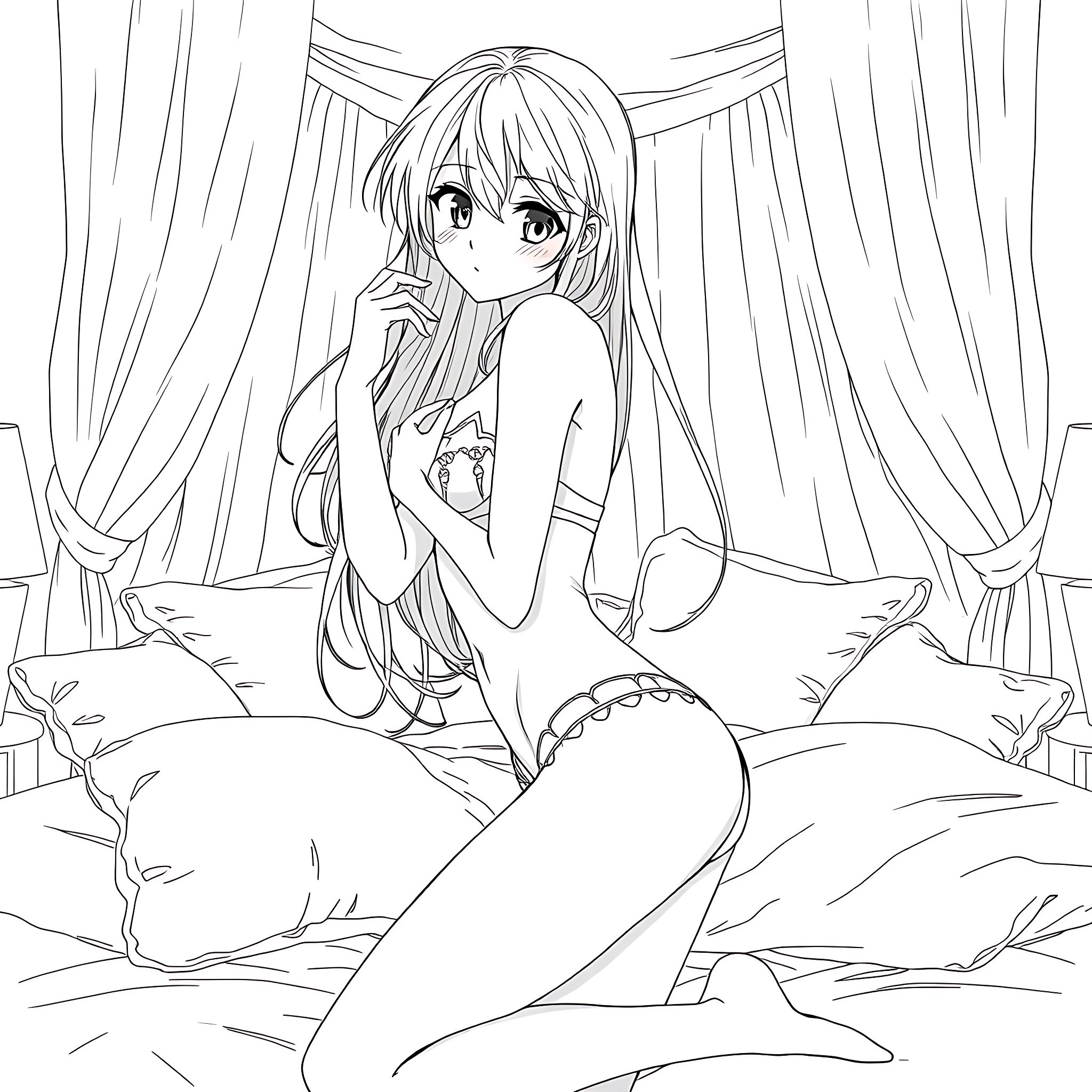 Anime Girl Sitting on Bed with Curtain Backdrop Coloring Page (free black-and-white line drawing printable PDF for all, from beginners to advanced learners, including children, teens, adults, and seniors)