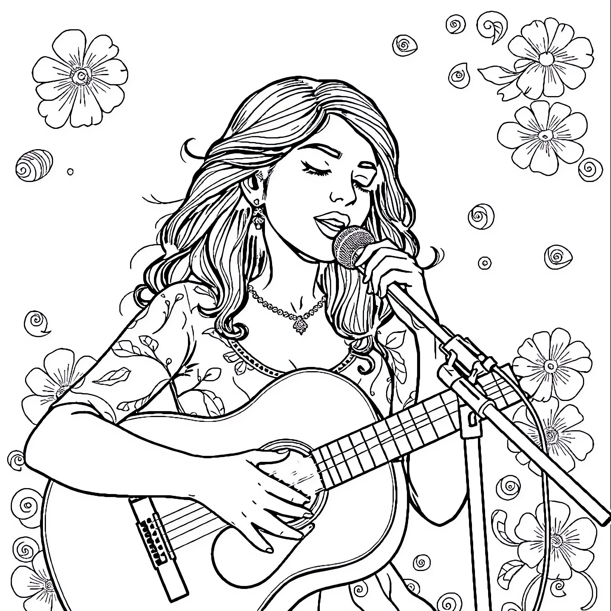 Music of the Flower Singer Coloring Page (free black-and-white line drawing printable PDF for all, from beginners to advanced learners, including children, teens, adults, and seniors)
