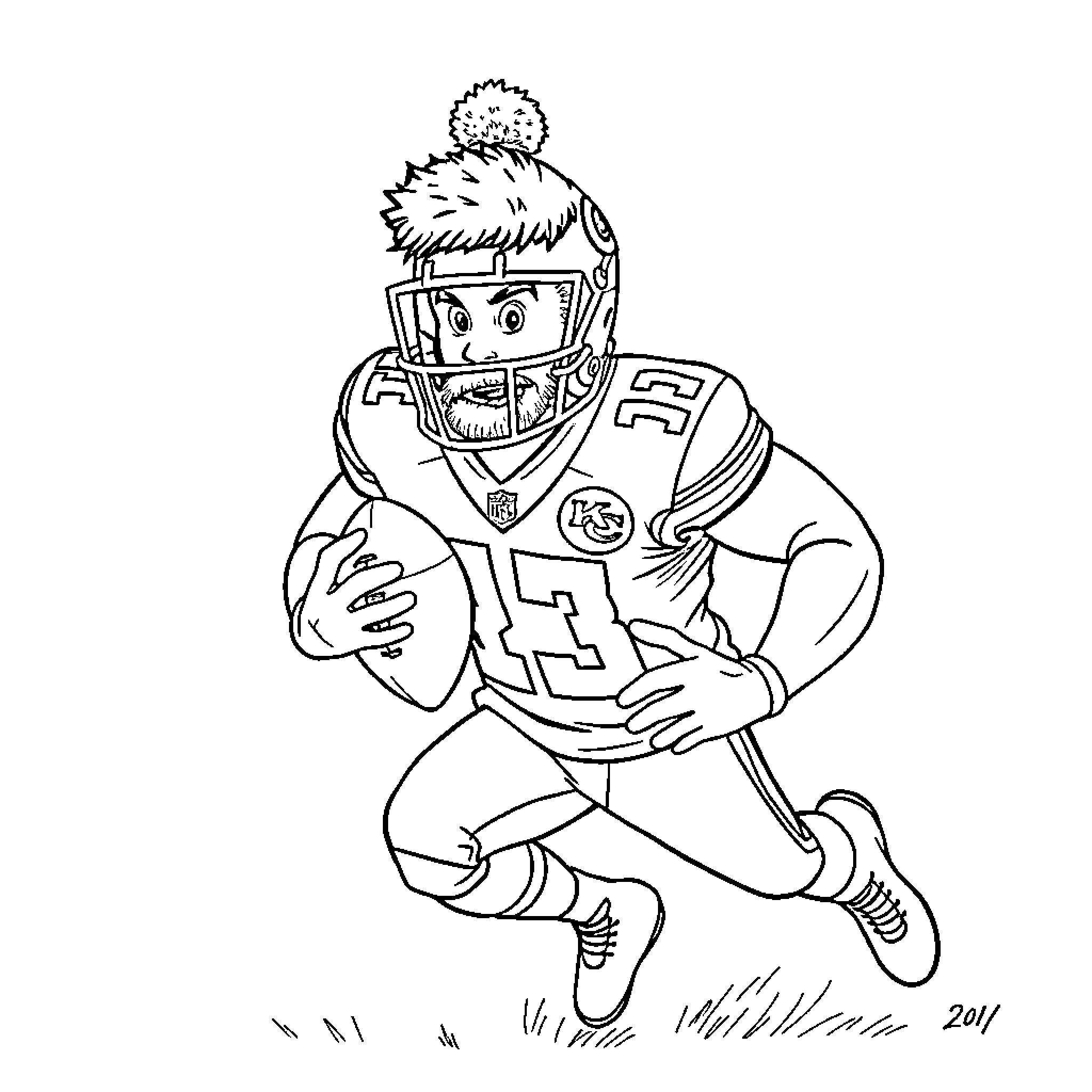 Travis Kelce running with football in sports uniform Coloring Page (free black-and-white line drawing printable PDF for all, from beginners to advanced learners, including children, teens, adults, and seniors)